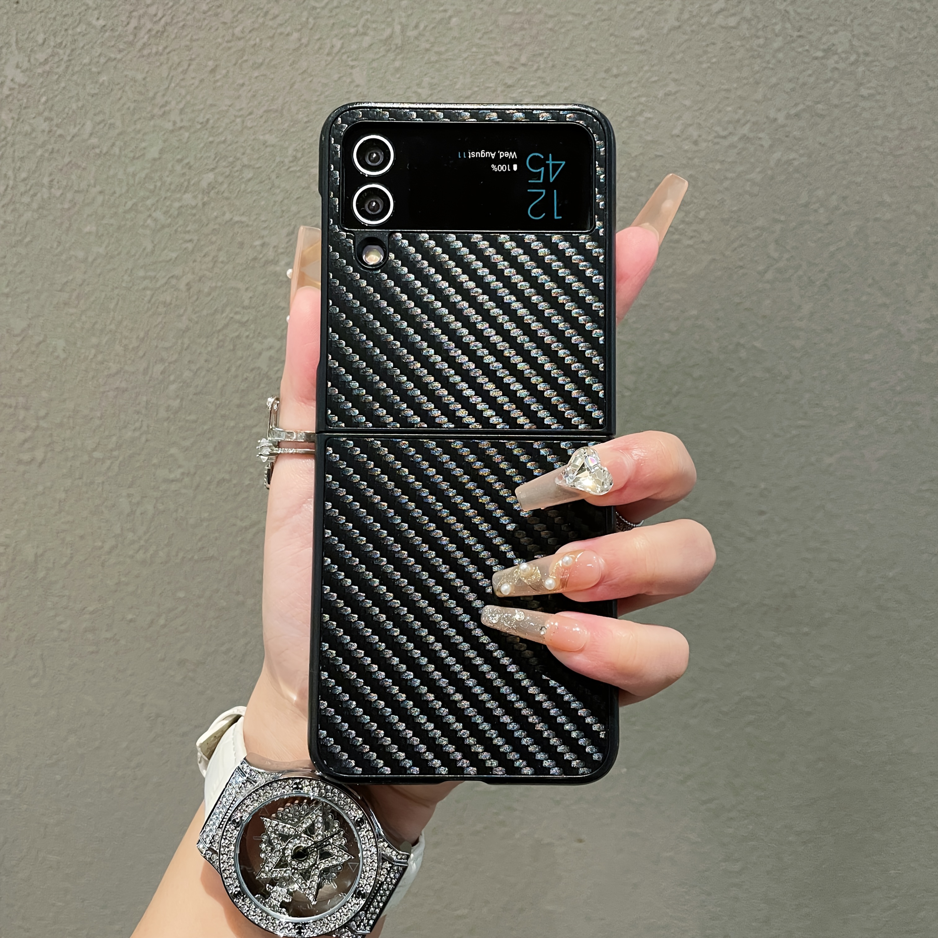 TEMU Coque de téléphone - Étui en cuir artificiel à rayures en fibre de pour Samsung Galaxy Z Flip 7 6 5 4 3 5G Flip 7 Fe, coque rigide en PC de