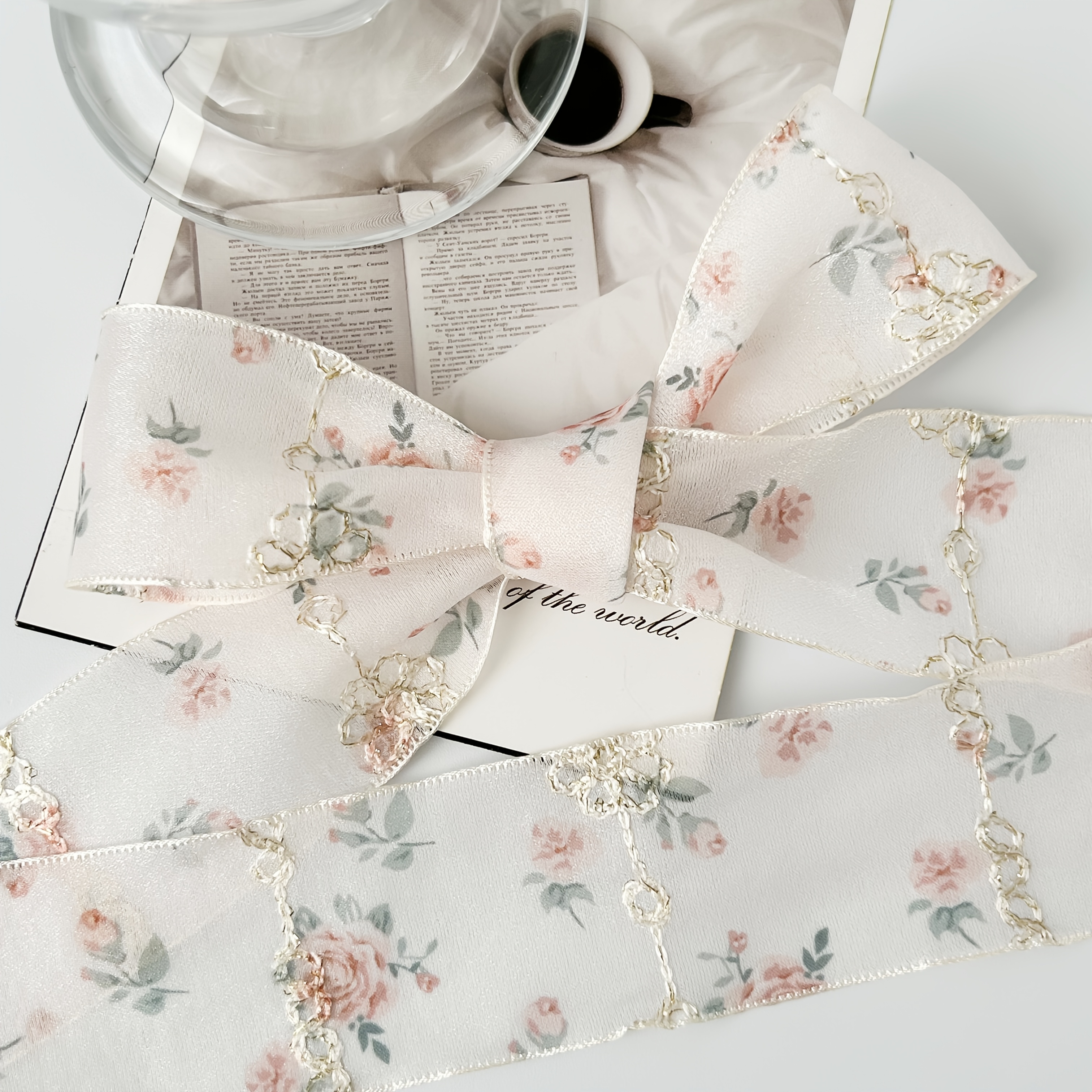 E-shop 182.44Cm lang / 3.8Cm breit - Rosa Blumenmusterband, goldenes Faden-Blumenstickerei-Band - Hochzeitsstrauß Dekorationsband, geeignet für