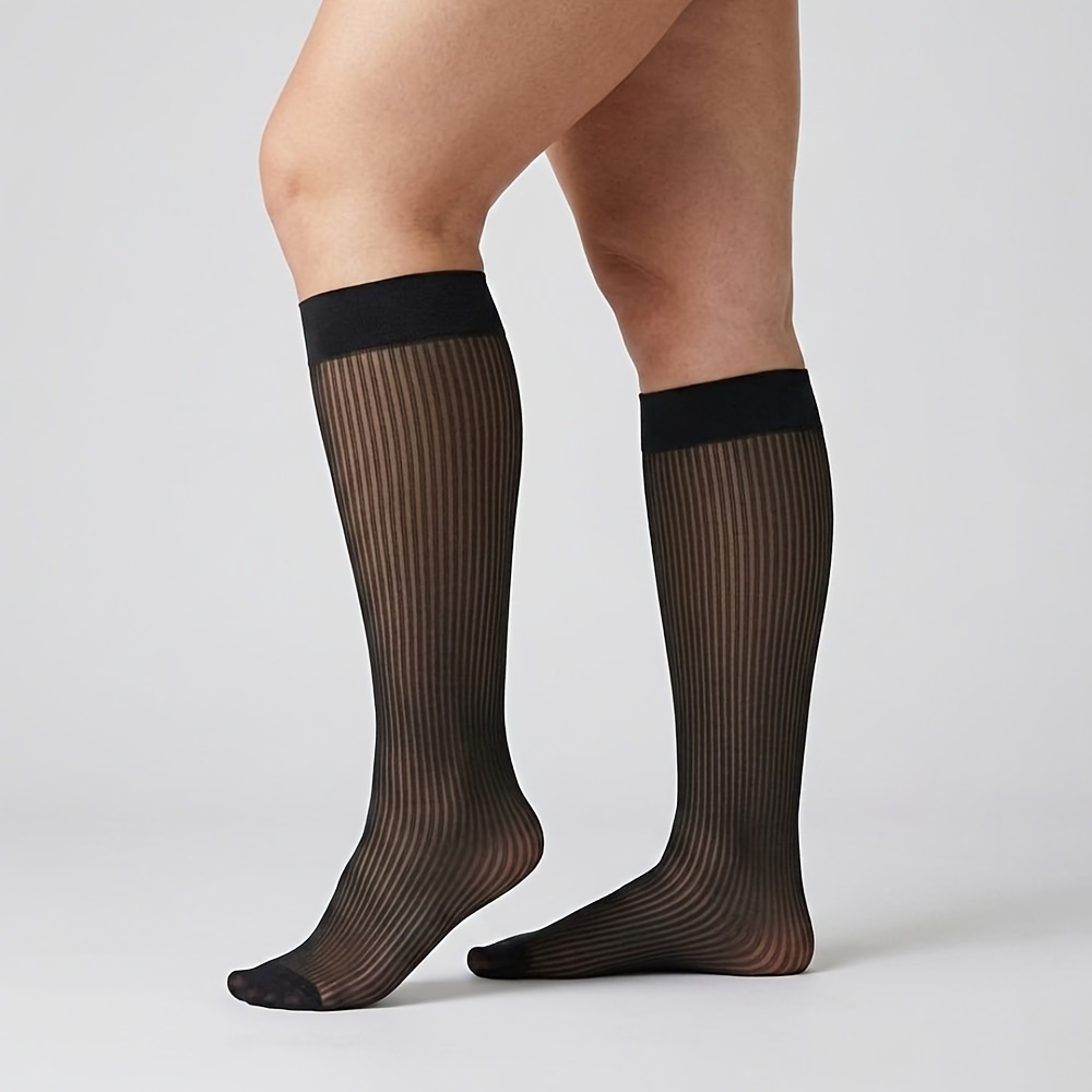 TEMU Women's Classic Vertical Stripe Sheer Knee-high Compression Socks - Lightweight Breathable Suitable For Casual Attire,, & Travel, Comfortable