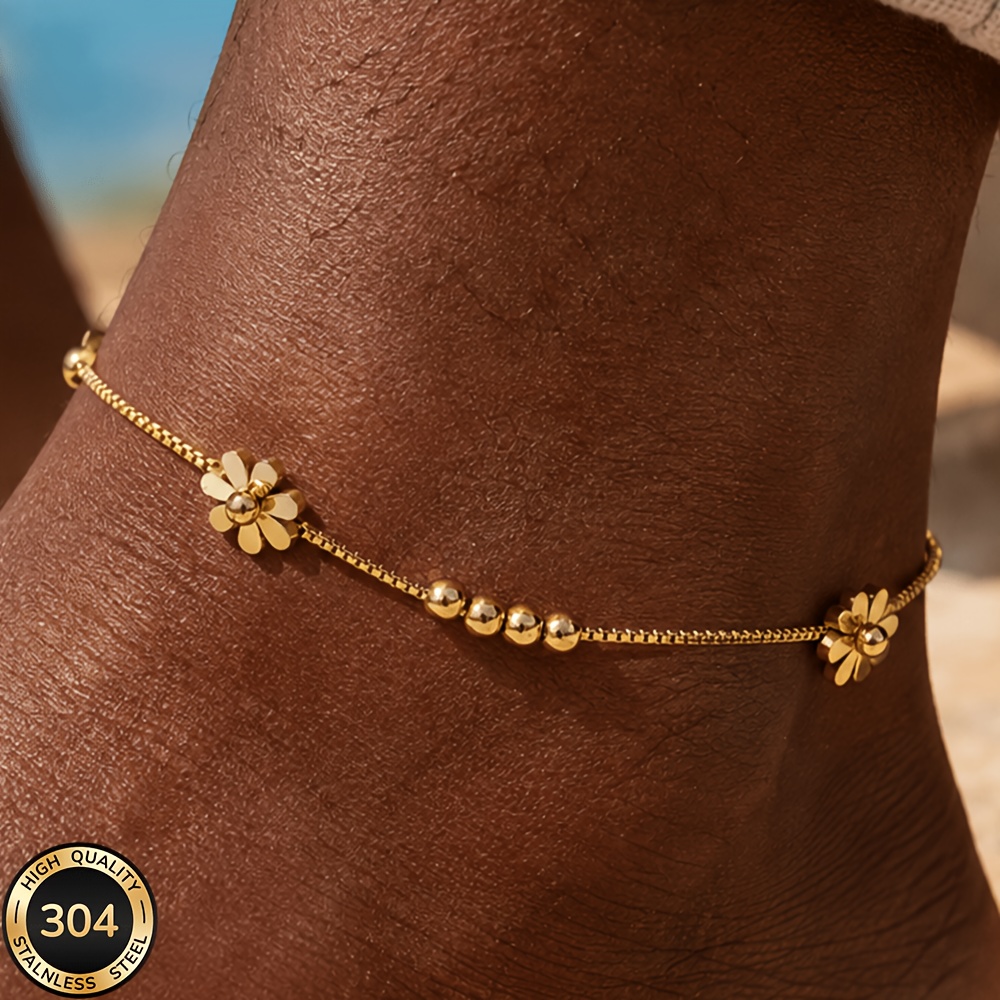 TEMU Plated 304 Stainless Steel Fashionable Minimalist Small Daisy Design Anklet, Unisex, For Birthday Parties, Classic And Versatile, Exquisite And
