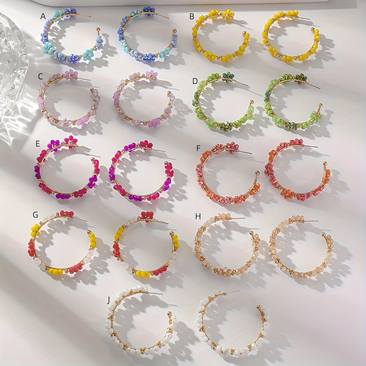 

Bohemian Vacation Style Handmade Artificial Crystal Beaded Flower Hoop Earrings, Trendy Geometric Sunflower Design Suitable For Daily Wear And Vacation