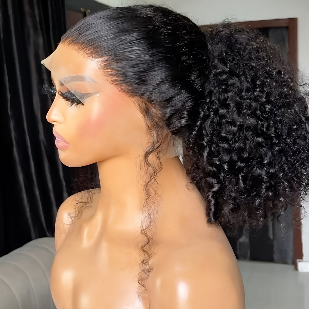TEMU Water Wave Soft Hair Ponytails 13x4 Lace Frontal Wigs For Women Heat Resistant Fiber Black Color Daily Party