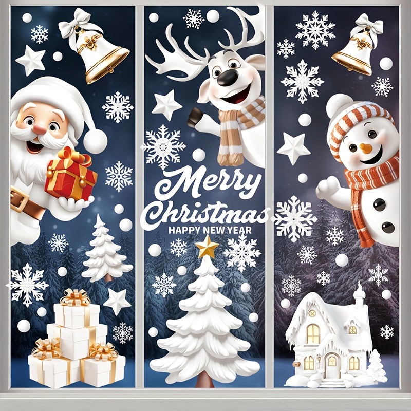9 vellen/146 stuks Kerst Grote Raamstickers, Witte Kerst Huisdecoratie, Inclusief Bel Huis, Sneeuwvlokken, Kerstbomen, Herten, Sneeuwmannen