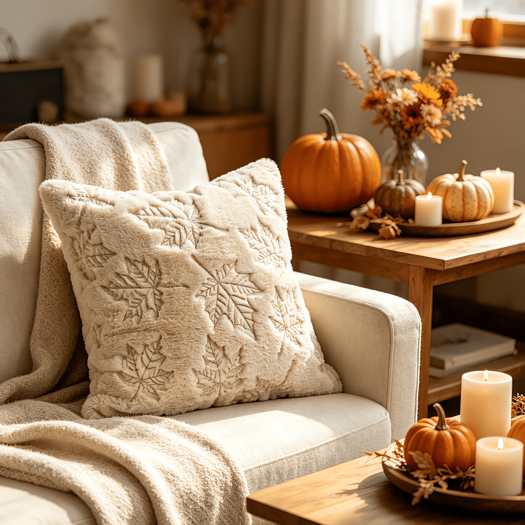TEMU 1pc Autumn Pillow Covers Beige Pumpkin Embroidery Throw Pillow Covers Soft Plush Cushion Covers For Sofa Bedroom Living Room Fall Thanksgiving