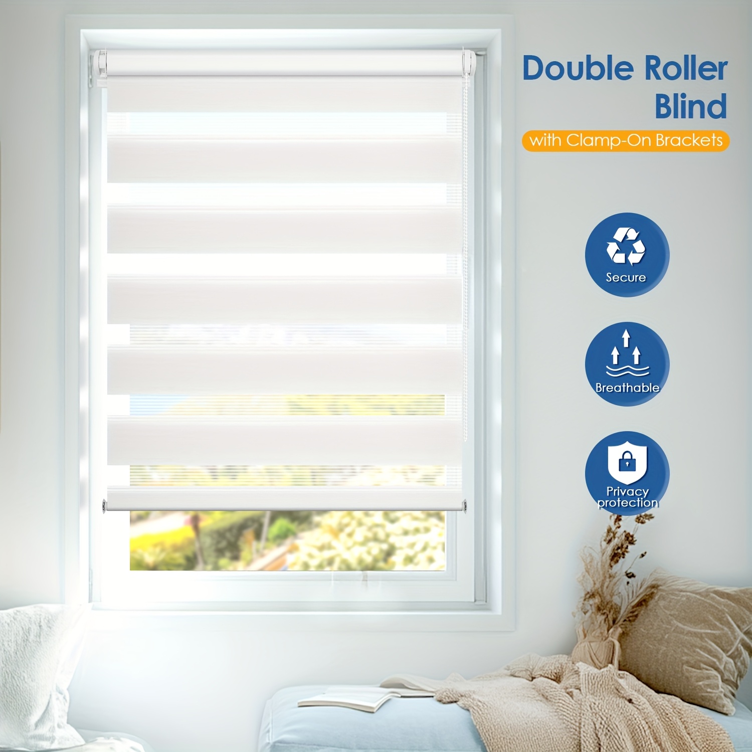 TEMU Clamping Blinds Without Drilling, Double-layer Side Pull Roller Blinds, Mini Zebra Blinds, Privacy Protection, Home Decoration, Side Pull Roller