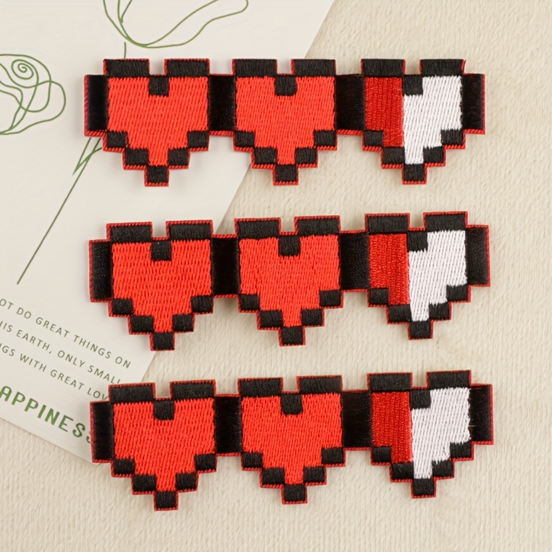 TEMU 3pcs Red Heart Fabric Patches With Embroidery, Featuring A Cartoon Anime Style And Self-adhesive Design, Suitable For Sewing Clothing, Bags,
