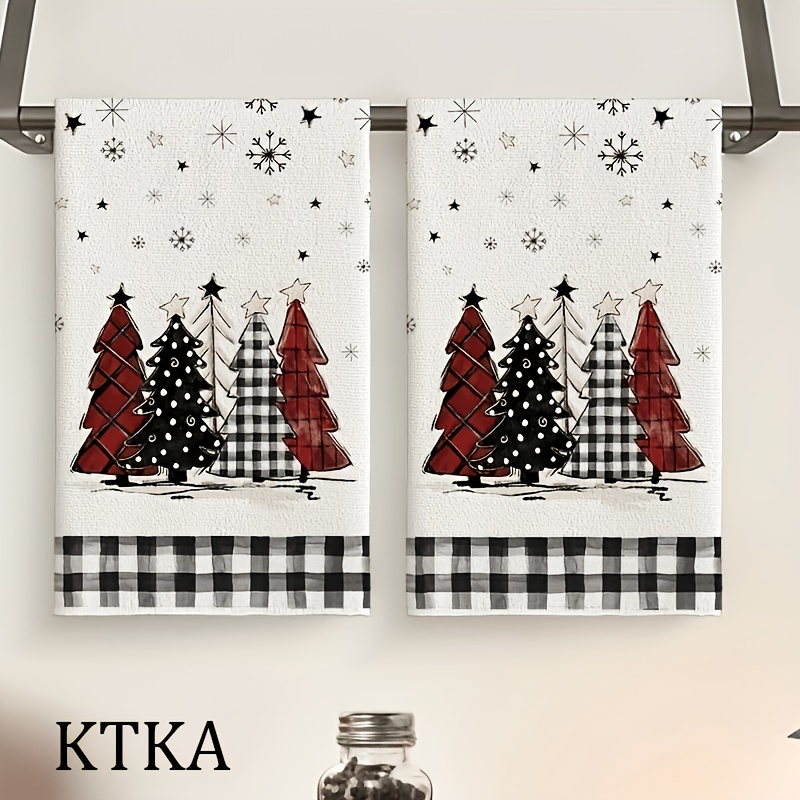 TEMU 2pcs Black And White Checkered Christmas Tree Kitchen Towels, Farmhouse Christmas, Snowflake Hand Towels For Baking And Cooking, Bathroom Home