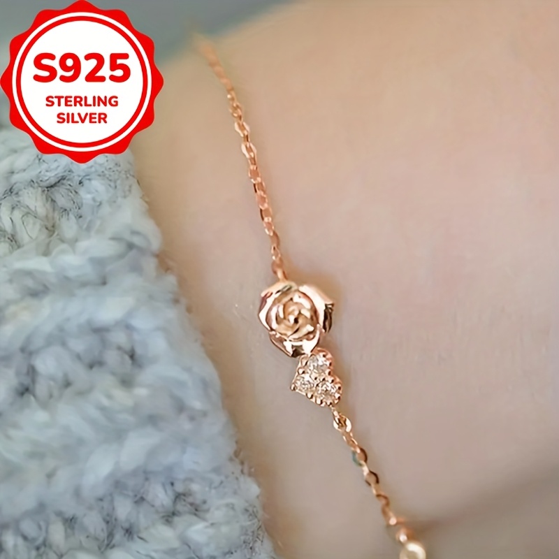 Women's S925 Sterling Silver Rose and Heart Charm Bracelet