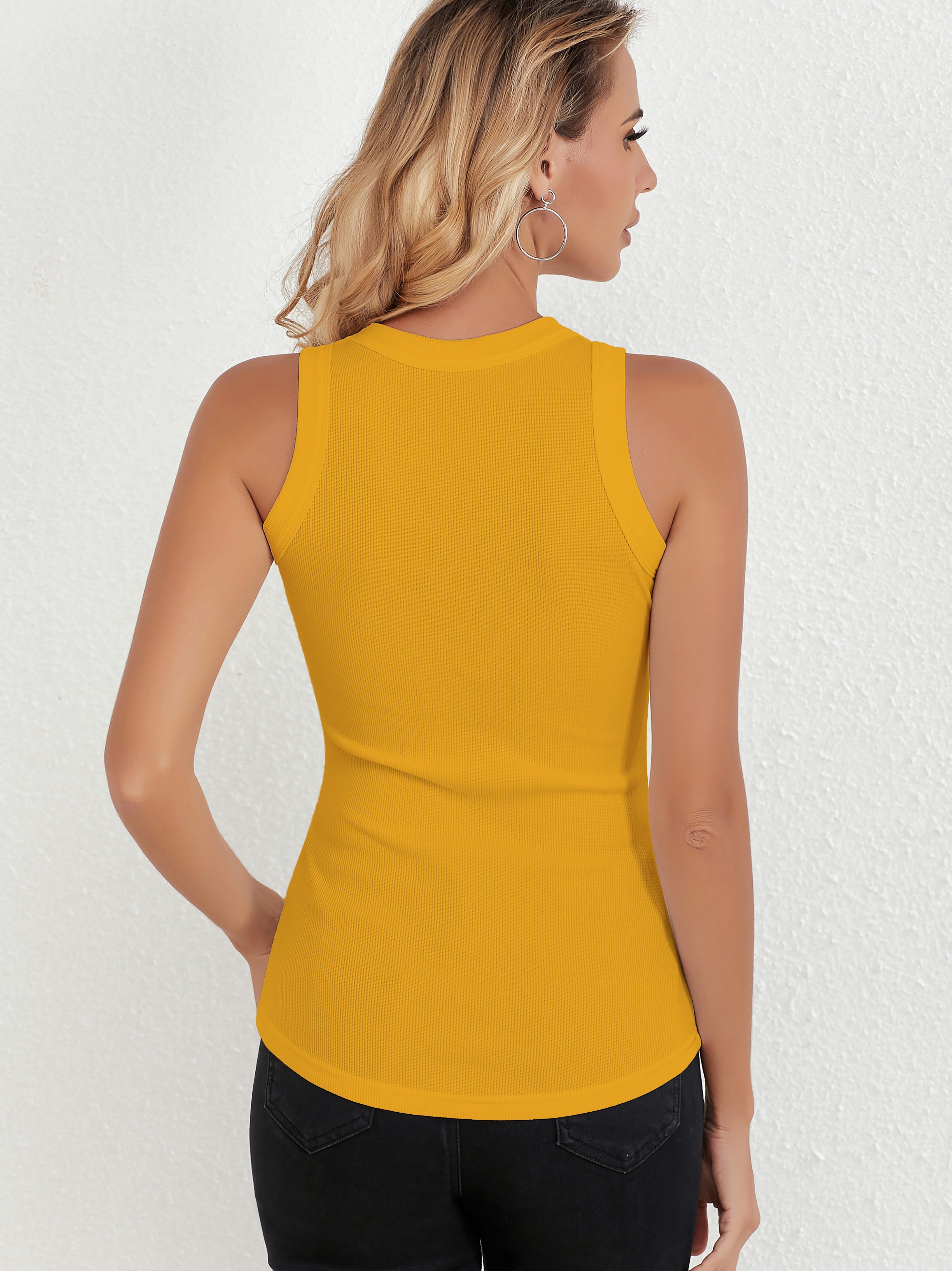 Camisetas amarillas sin mangas para mujer, camiseta con hombreras, Tops de  cuello redondo, 2023