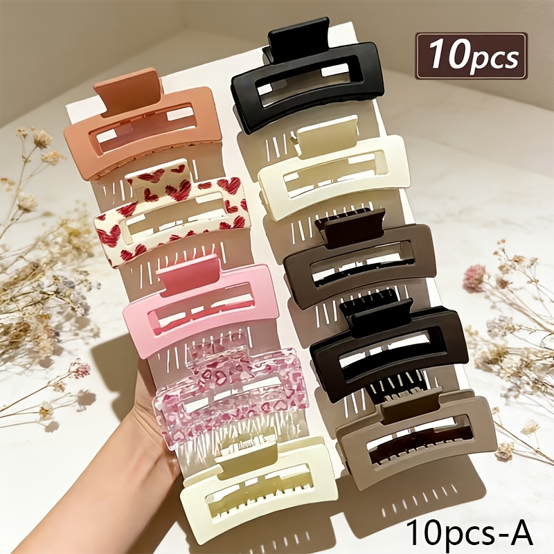 TEMU 10pcs Set Of New Simple Spring/summer Pastel Candy-colored Shark Clip Hair Claws For Women, Rectangular Hollow Out Grip Clips