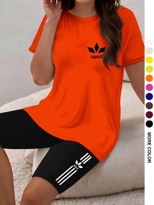 womens two piece set graphic print short sleeve round neck top and printed tight shorts commuting daily wear outdoor