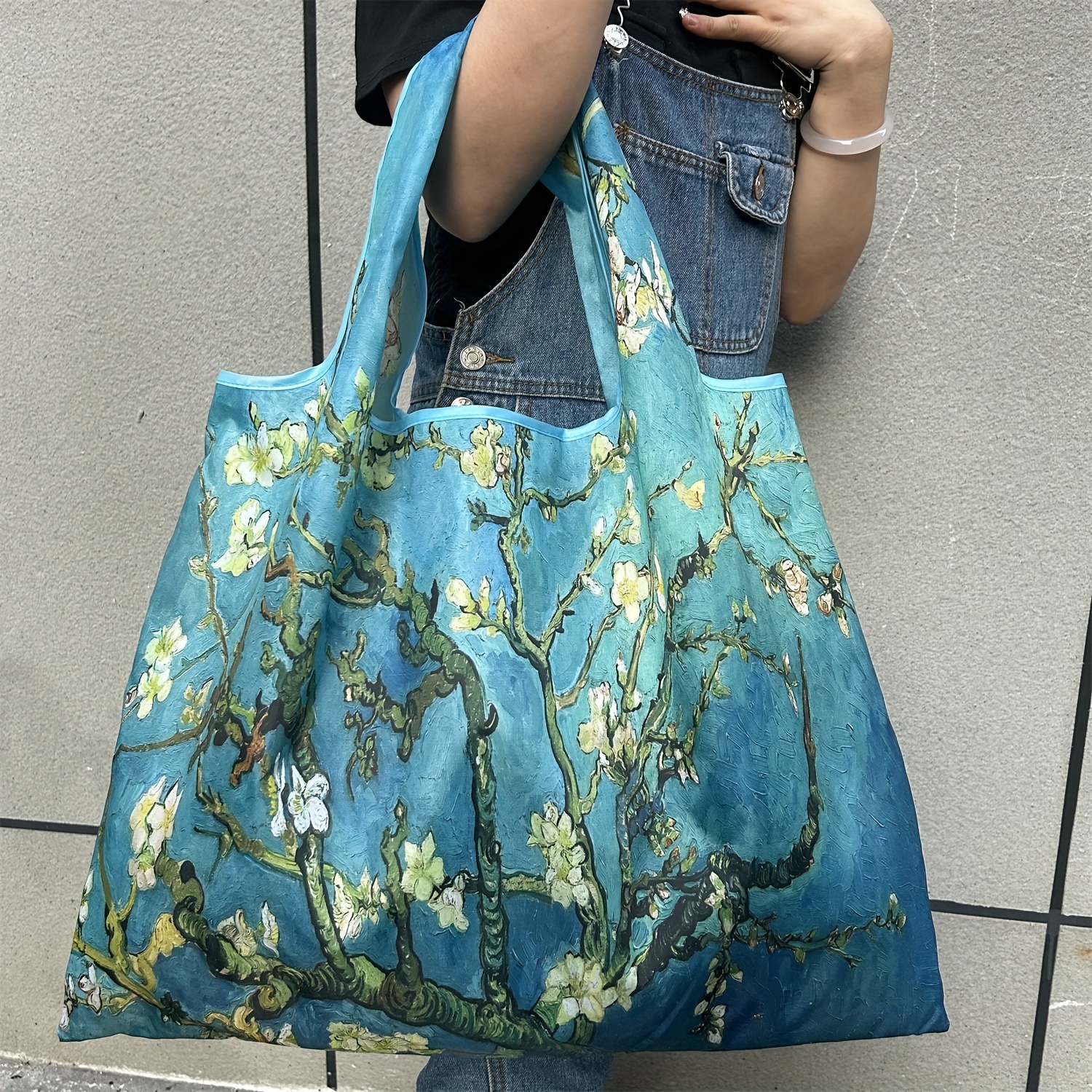 E-shop Große, Leichte Faltbare Nylon-Tragetasche mit Handgelenkriemen – Van Gogh-inspiriertes Aprikosenblüten-Ölgemälde-Motiv, Maschinenwaschbarer