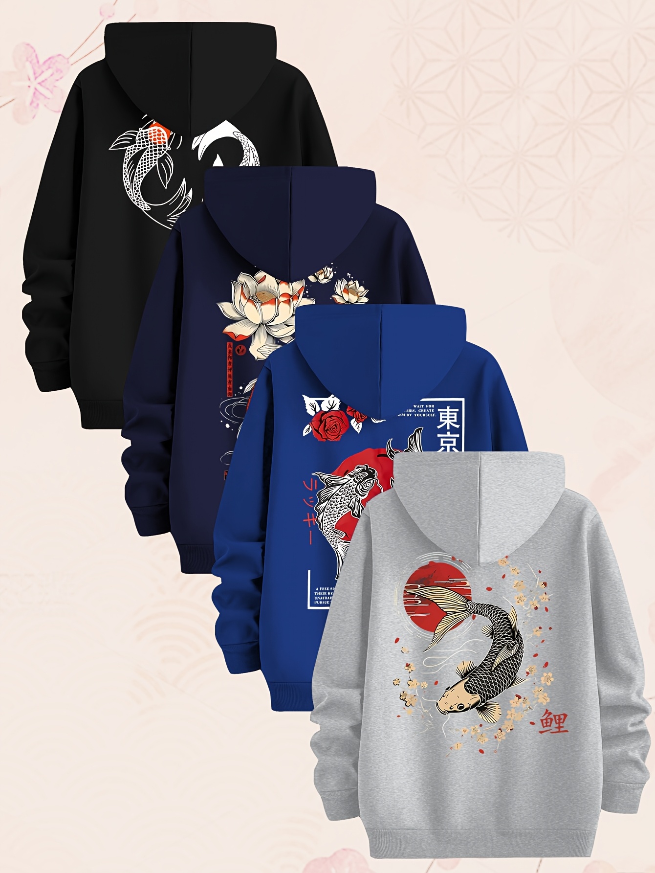 Carp Element Pattern Sweatshirt Four-Piece Men'S Hoodie, Made of Knitted Fabric, Casual Style, Fitted Hoodie Multi-Piece Set - Image 8