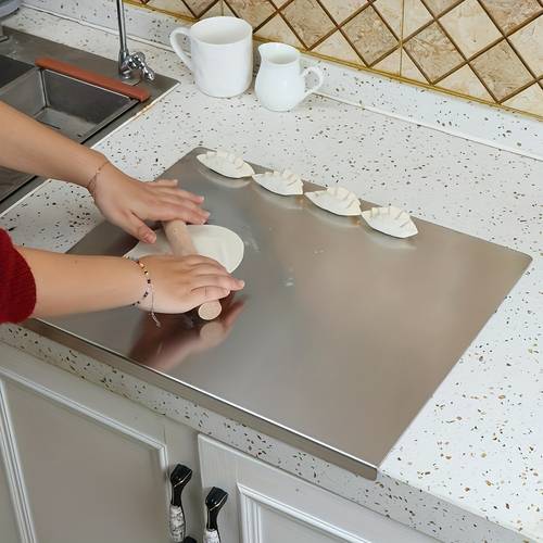 1pc premium stainless steel cutting board heavy duty non slip easy to clean with lip for food safety ideal for meat fruits vegetables bread and baking essential food preparation surface modern kitchenware durable kitchen tool
