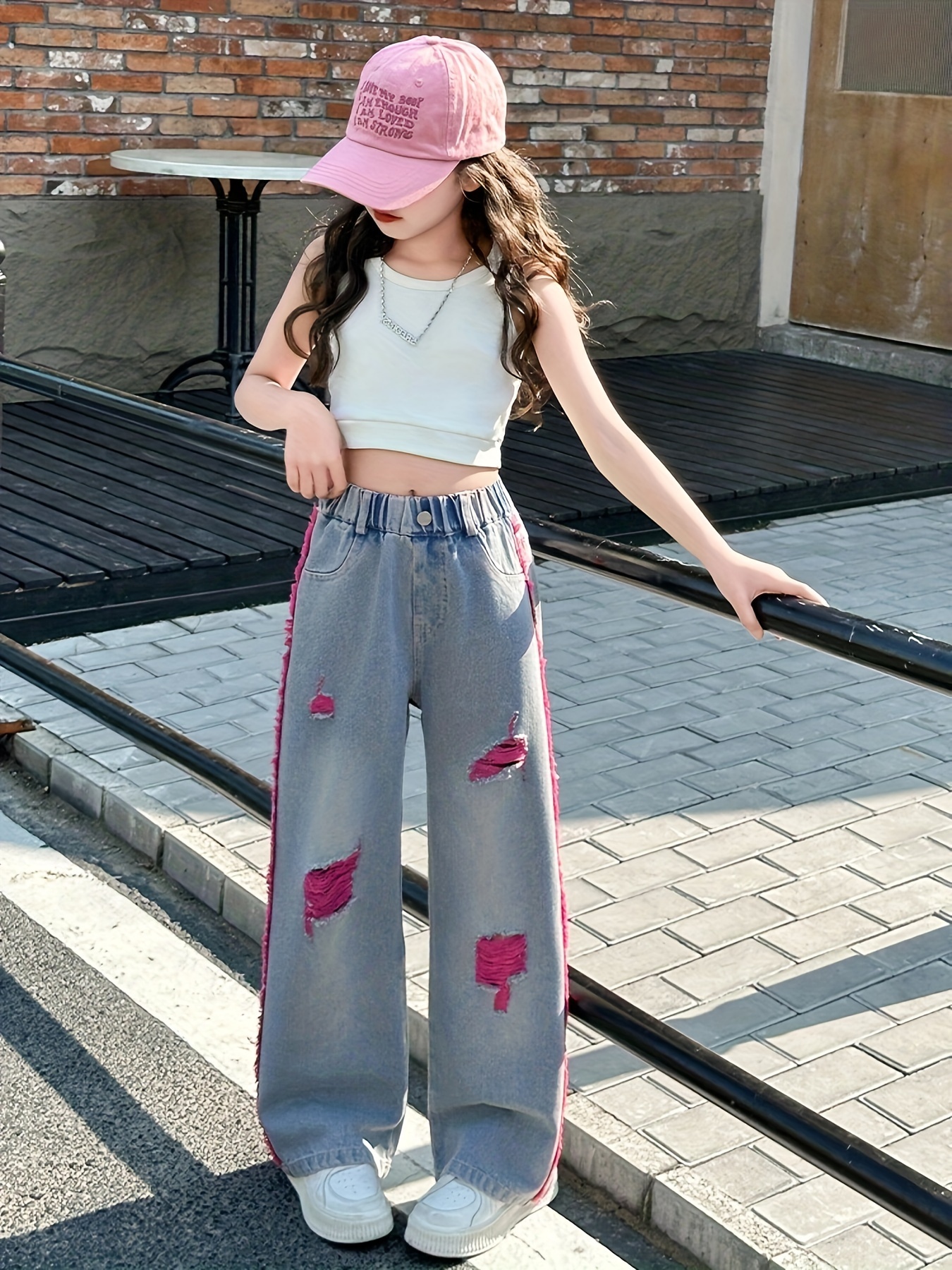 teen girl hot pink ripped denim straight wide leg jeans Temu Bahrain