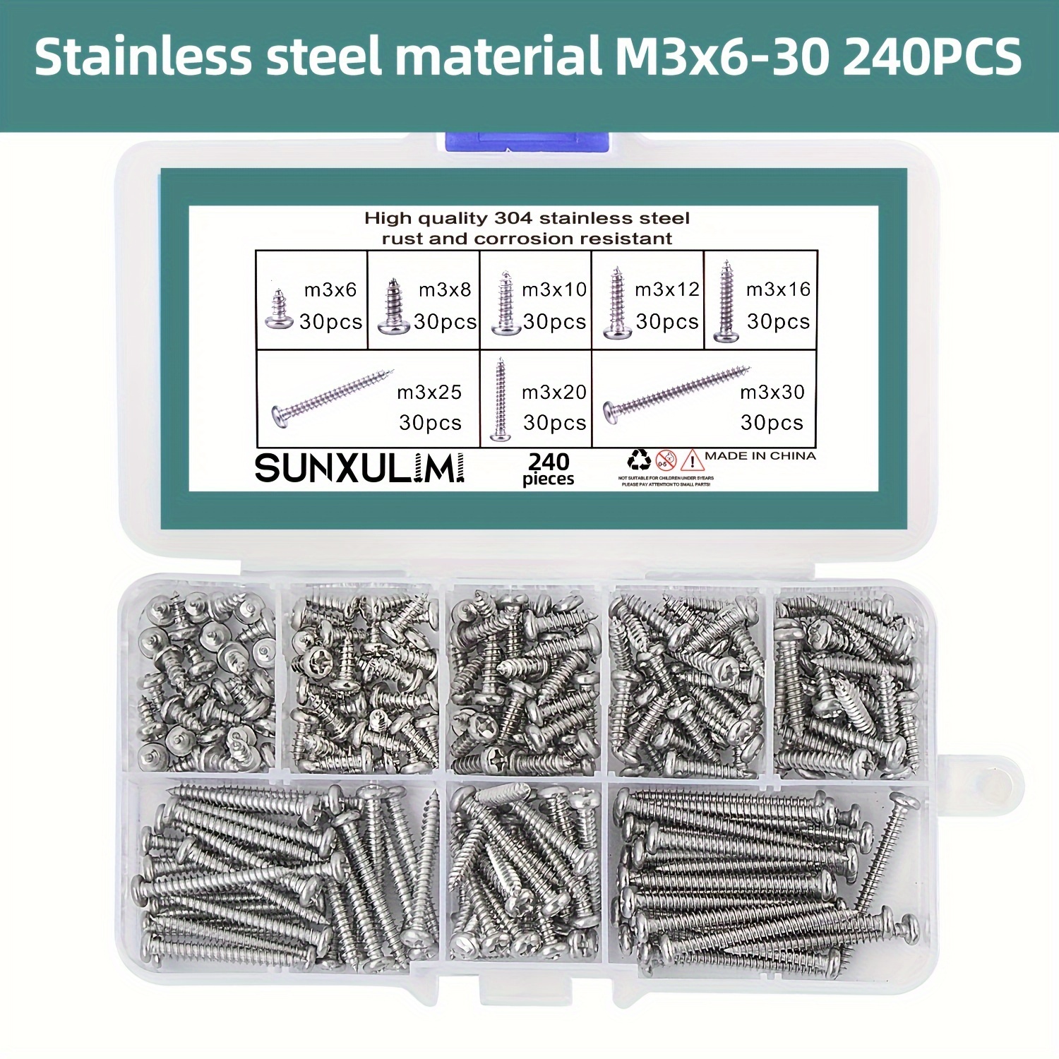

240pcs 304 Stainless Steel M3 Phillips Plate Head Wood Screw Assortment Kit Self Tapping M3x6mm/8mm/10mm/12mm/16mm/20mm/25mm/30mm