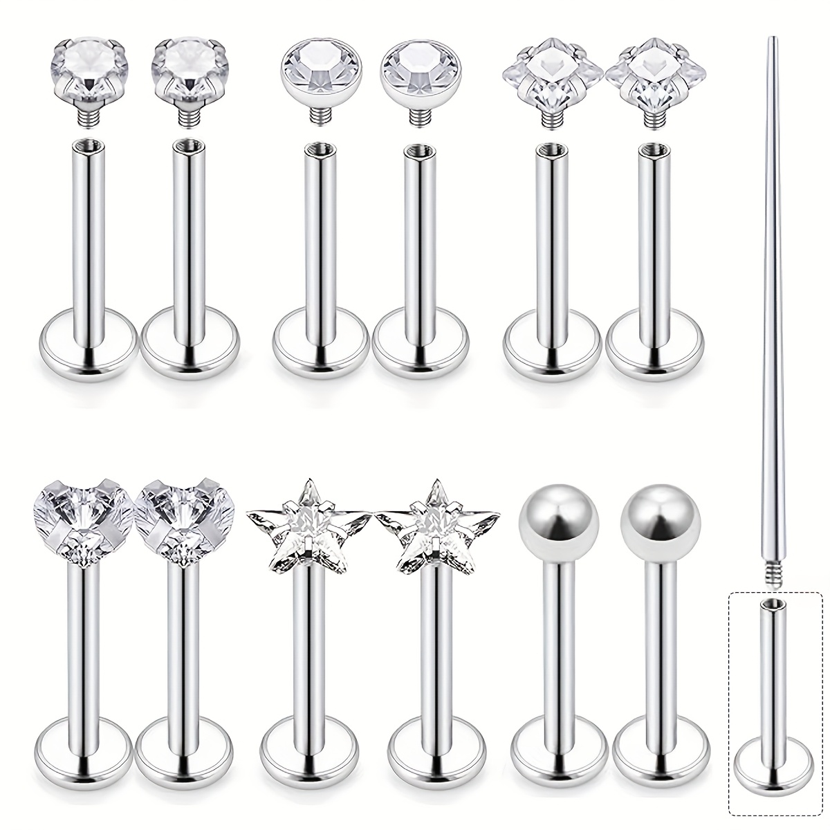 E-shop 13-teiliges 16G Lippen Labret Medusa Ring Set mit interner Gewinde, chirurgisch, 304 Edelstahl, Schlangenbiss Lippenringe, flache Rückseite,