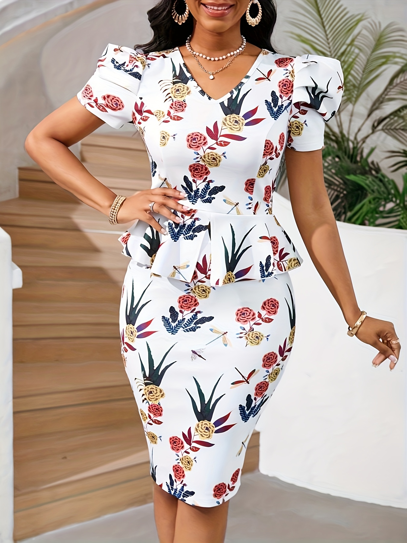 Cat Ear Directional Summer Elegant Style for Holiday Gatherings, Featuring Floral Print, V-Neck Puff Sleeve Pleated Top, And a Fitted Midi Skirt