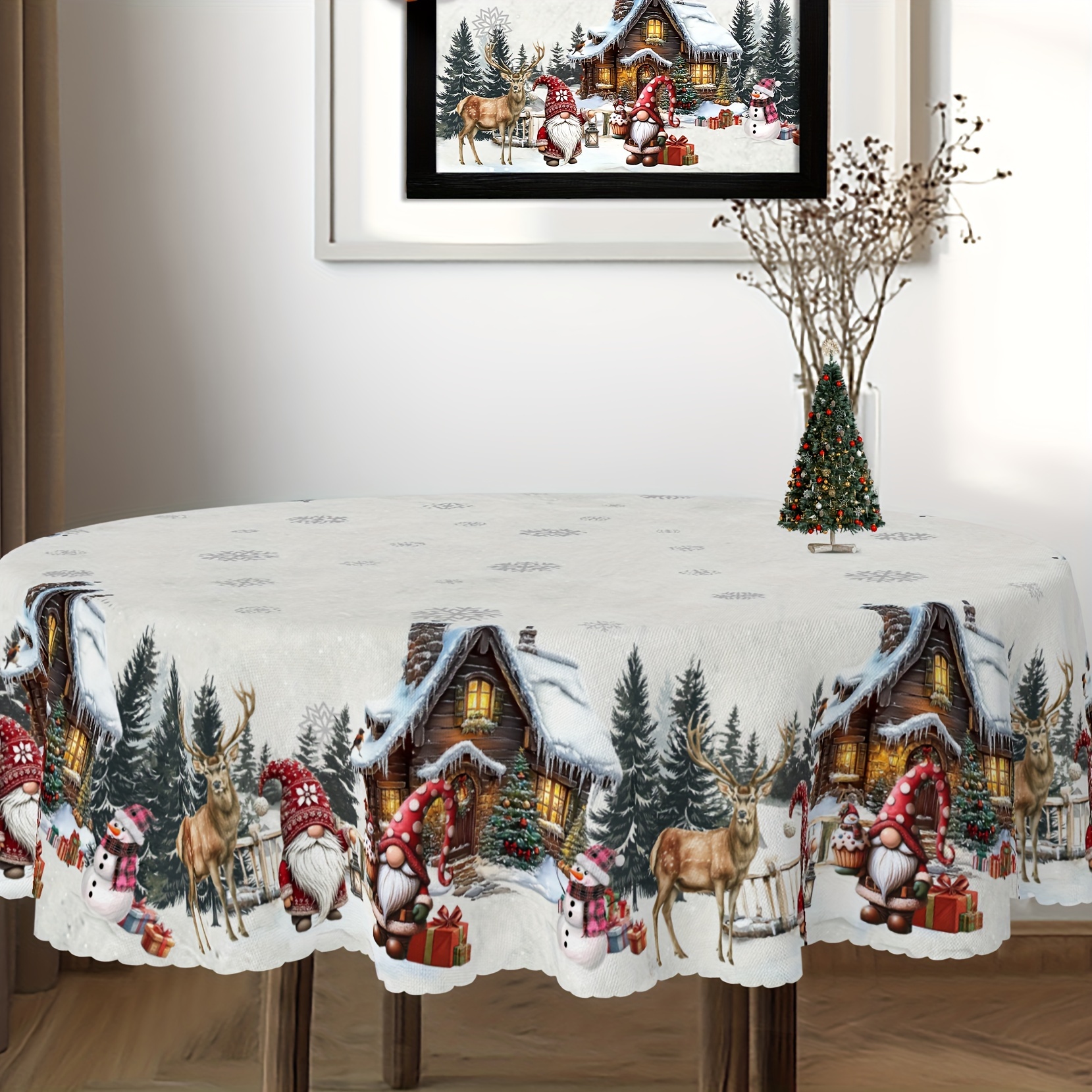 

Vintage Christmas Tablecloth With Snow Scene, Red & Reindeer Design - Embossed Edge, Polyester, Washable - Indoor/outdoor Holiday