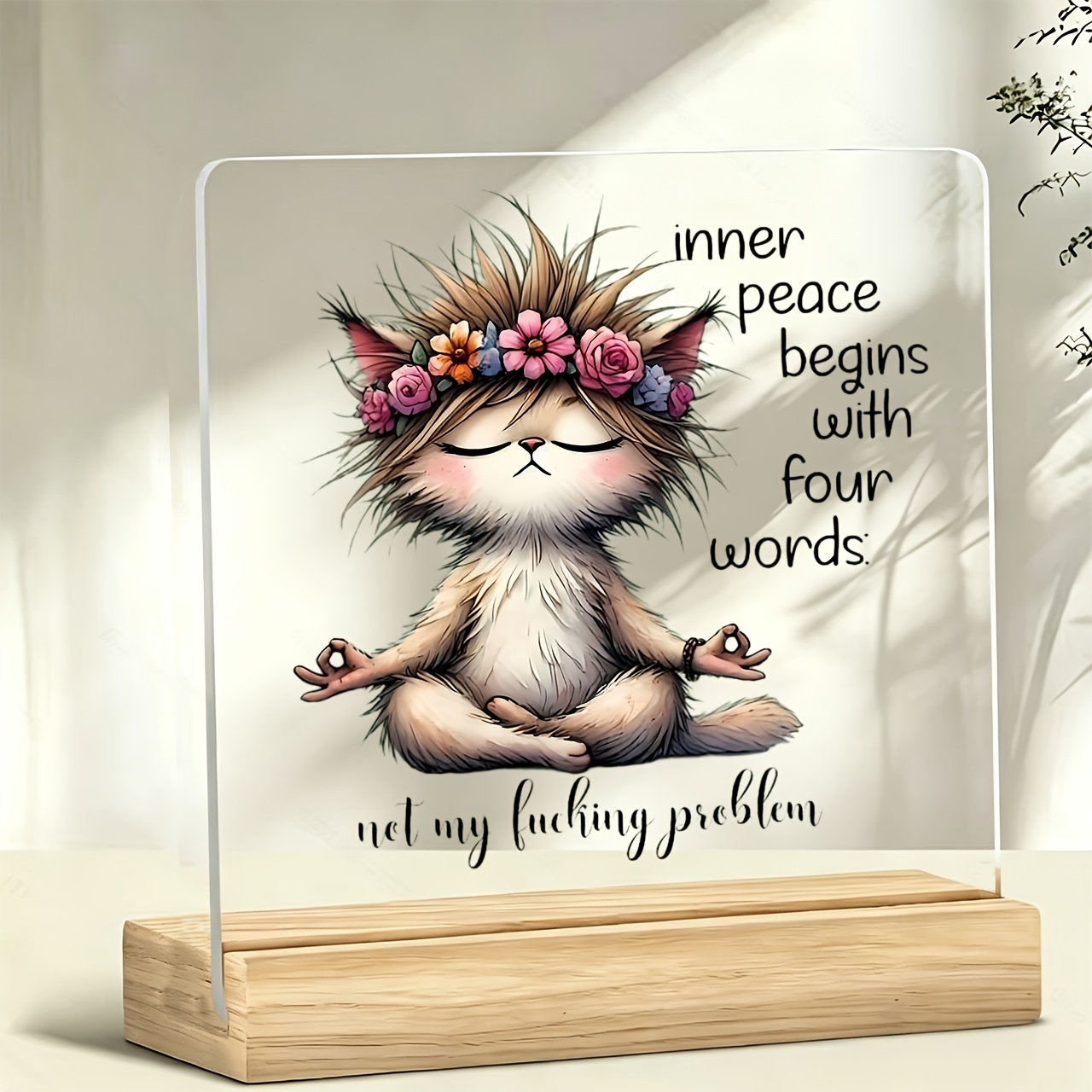 TEMU Placa decorativa y adorno 2D , 1 pieza, Gato de yoga + eslogan "Hora de meditación", Exhibidor acrílico, Decoración de escritorio, Decoración