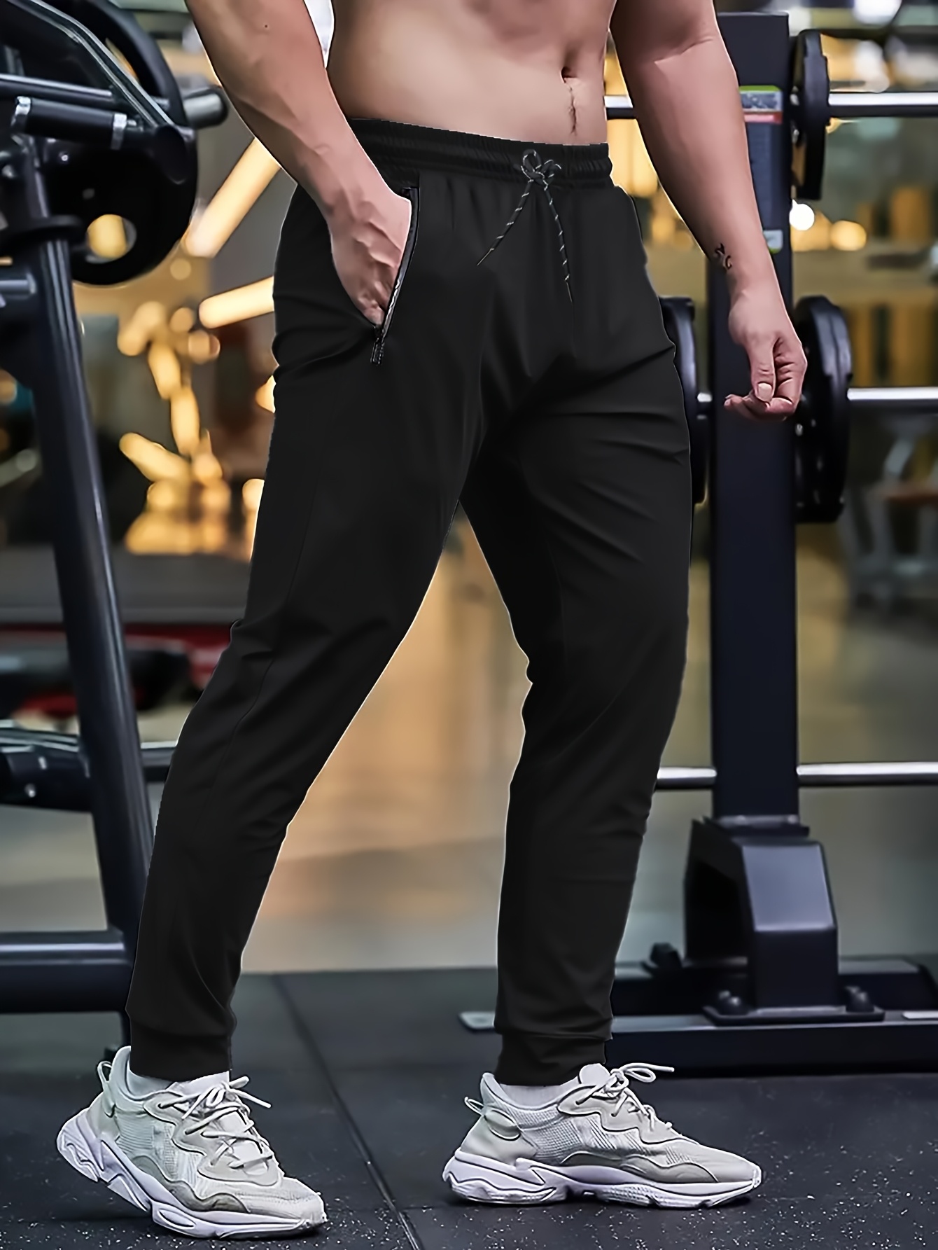 Men's Casual Joggers - Fashionable Tapered Sports Pants, Comfortable Running Trousers, Polyester Blend, Solid Color, Zip Detail, Machine Washable for Spring/Fall, Autumn, Basic, Zipper