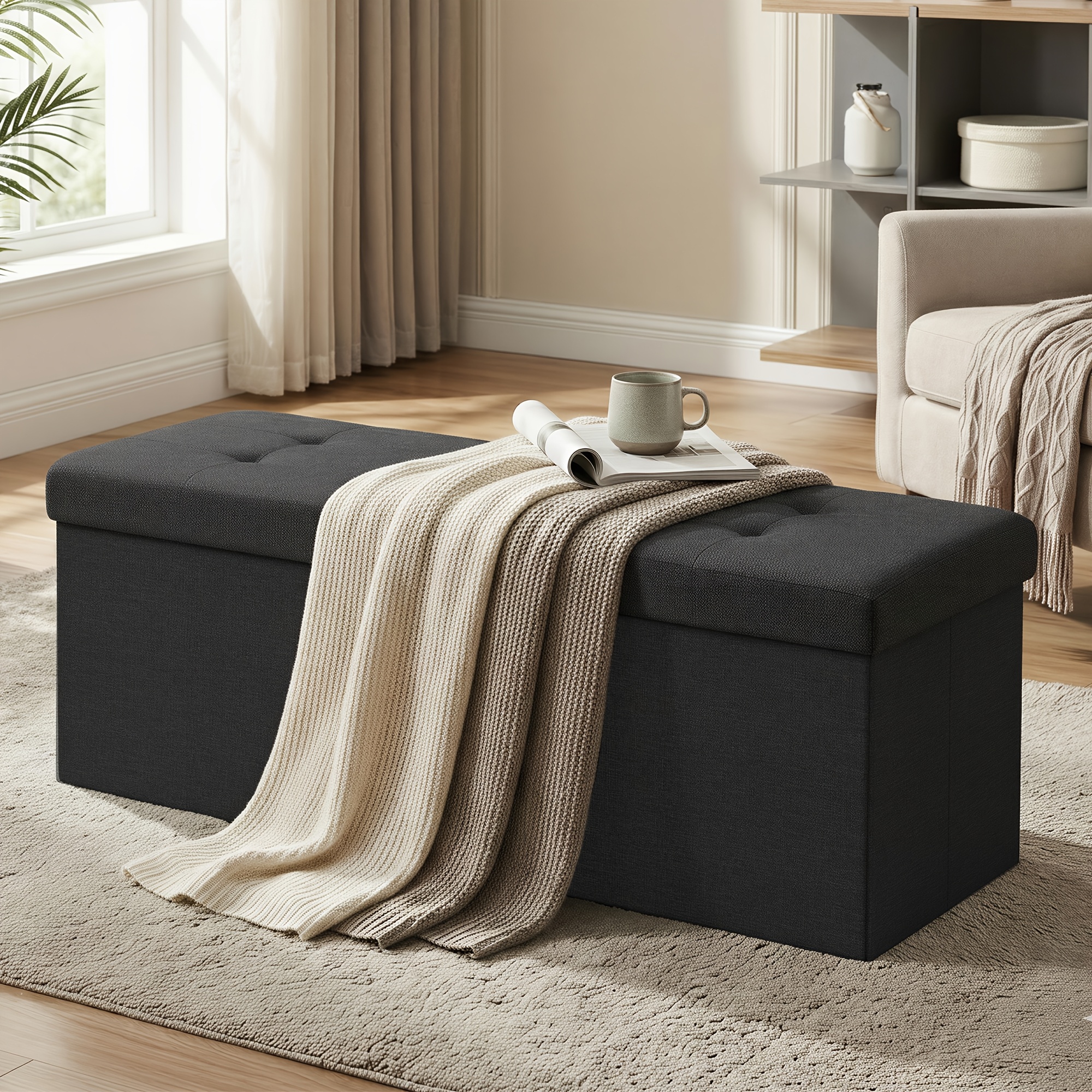 Large Ottoman Storage Box, 131 L Foldable Storage Bench With Lid, 110 X 38 X 38 Cm, Black