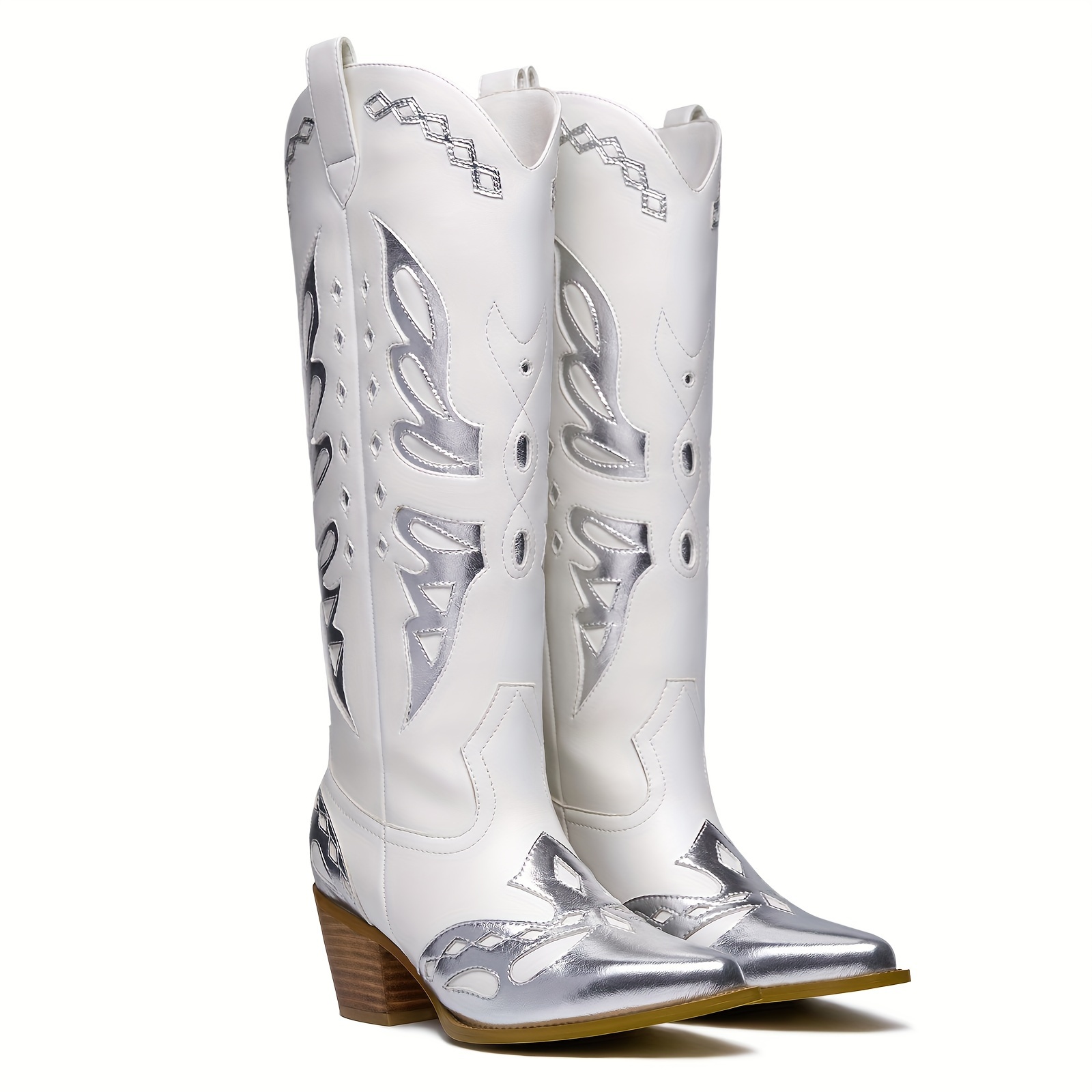 

Silver Metallic Cowboy Boots Decorated Butterfly Knee High Cowgirl Boots Knee High Cowboy Boots