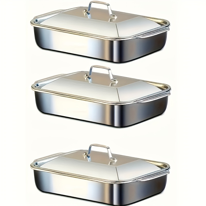 TEMU Stainless Steel Baking Pan With Lid, Material, Easy To Clean, Heat Distribution. This Stainless Steel Baking Pan Set Is Suitable For Home