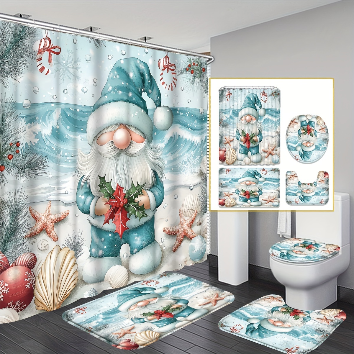 

Jit 1/4pcs Christmas Shower Curtain Bathroom Set, Polyester Shower Curtain Set 12 Bath Mat U-shaped Mat, Christmas