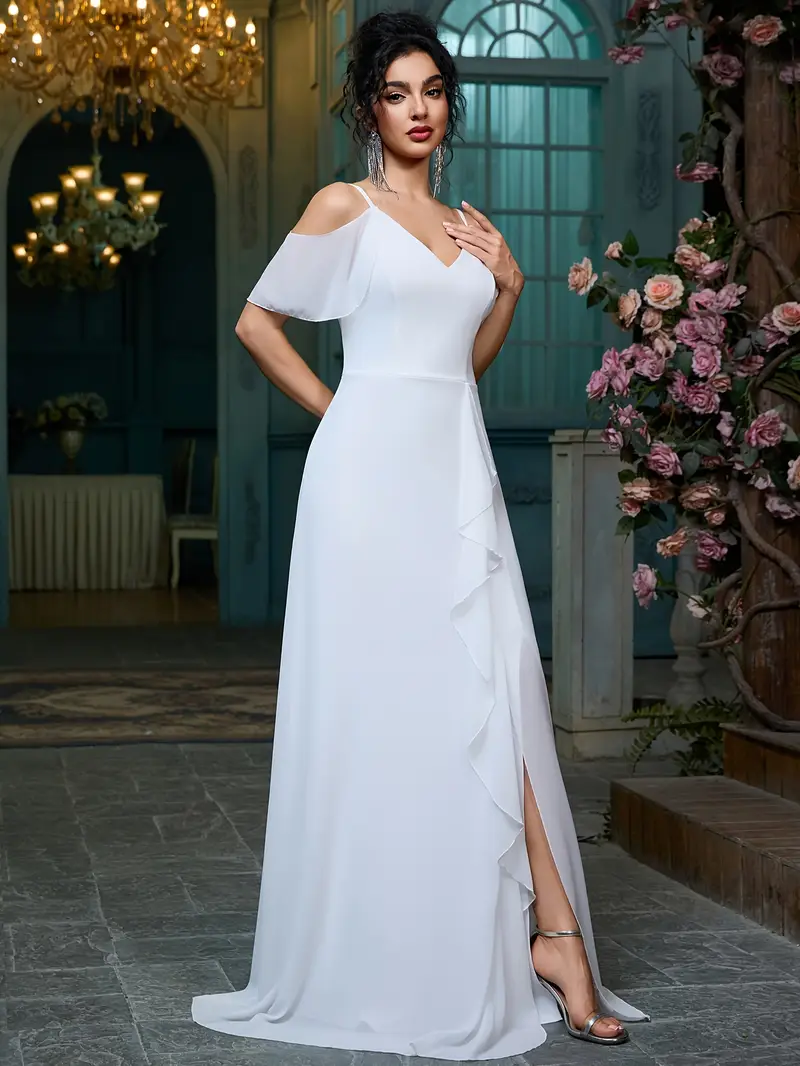 Ladies' Flowing Chiffon Light Wedding Dress, Off-Shoulder Split Evening Gown for Bridal Showers, Bachelorette Parties, Cocktail Events, Maxi Dresses, Homecoming, And Graduation Ladies' Flowing Chiffon Light Wedding Dress, Off-Shoulder Split Evening Gown for Bridal Showers, Bachelorette Parties, Cocktail Events, Maxi Dresses, Homecoming, And Graduation