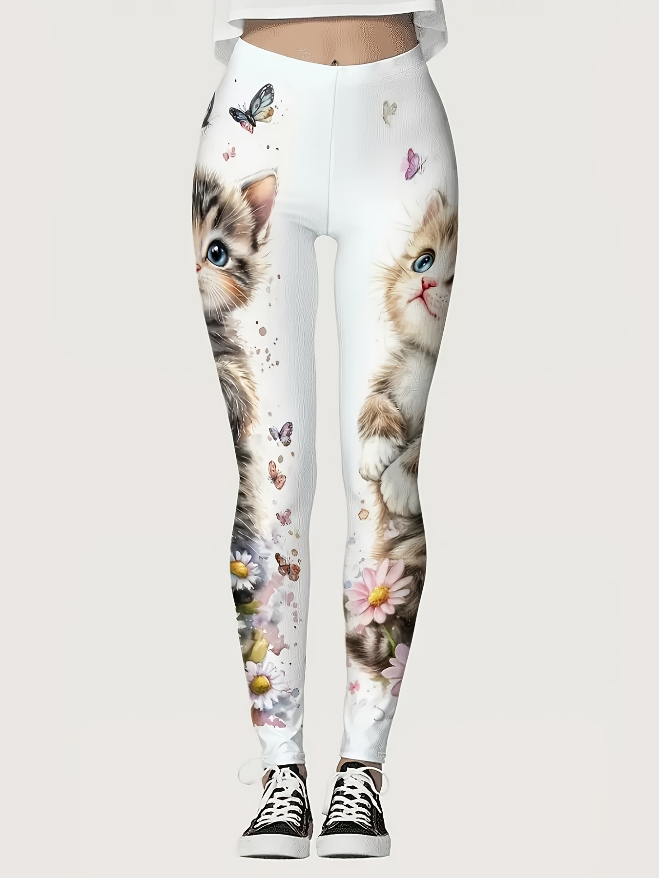Girls' Cute Cat and Floral Print Capri Leggings, Casual Elastic Waist Stretchy Tights for Daily Wear, Outing, Playtime, Holidays & Parties, Perfect for