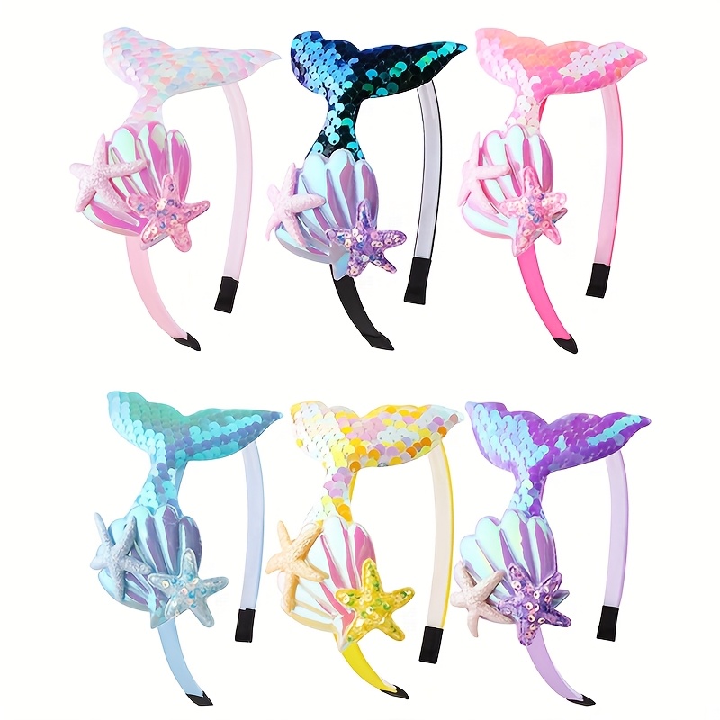 6pcs Set Mermaid Sequin Mermaid Sequin Headband, Starfish Shell Glitter Ponytail Headband Hair Accessory, Polyester Woven Multicolor