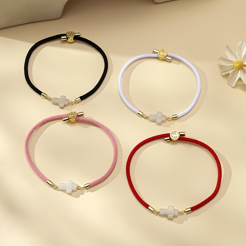 Women's Natural White Marble Cross Bracelet, Adjustable