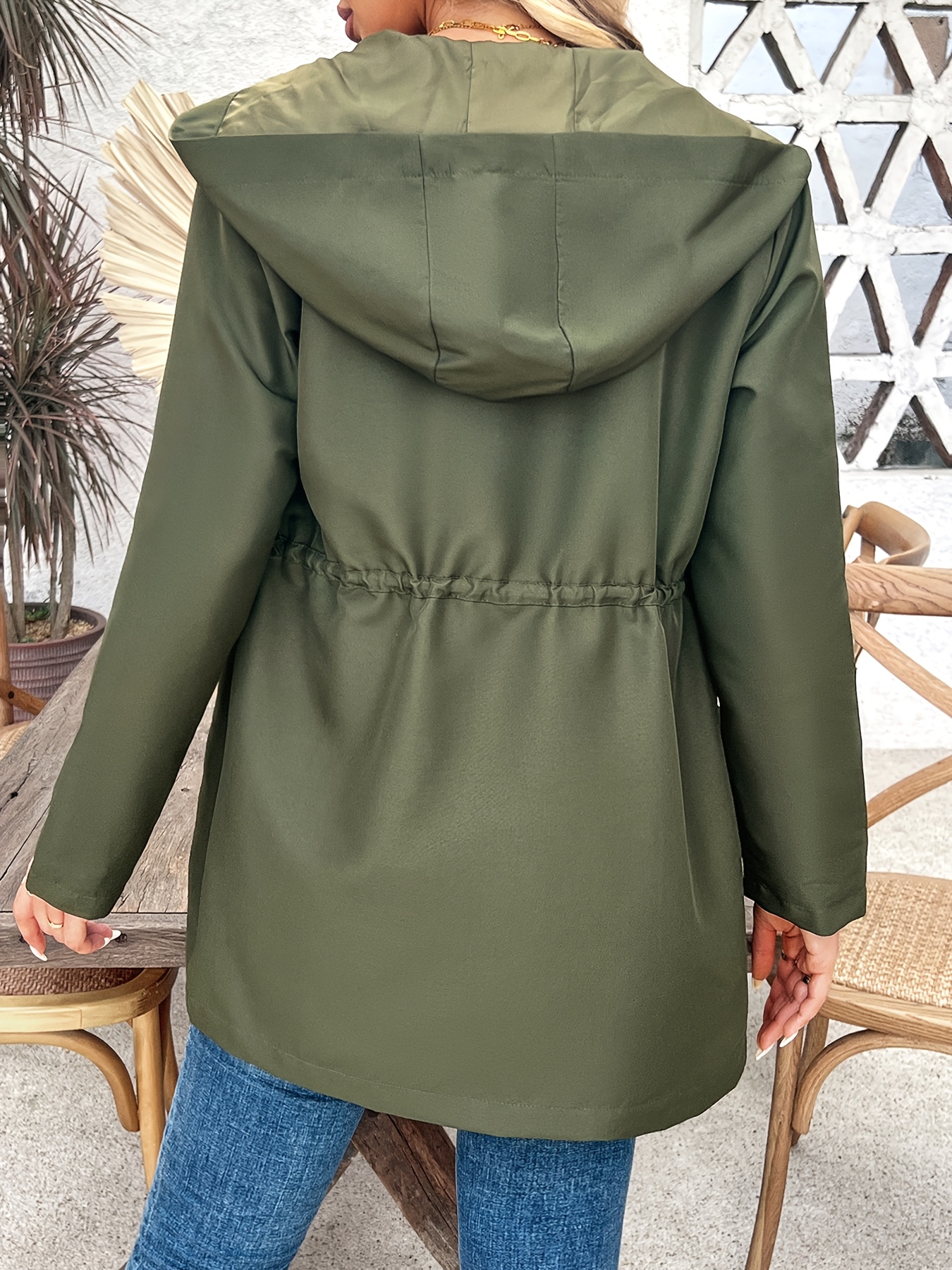 womens military green hooded trench coat polyester 100 solid