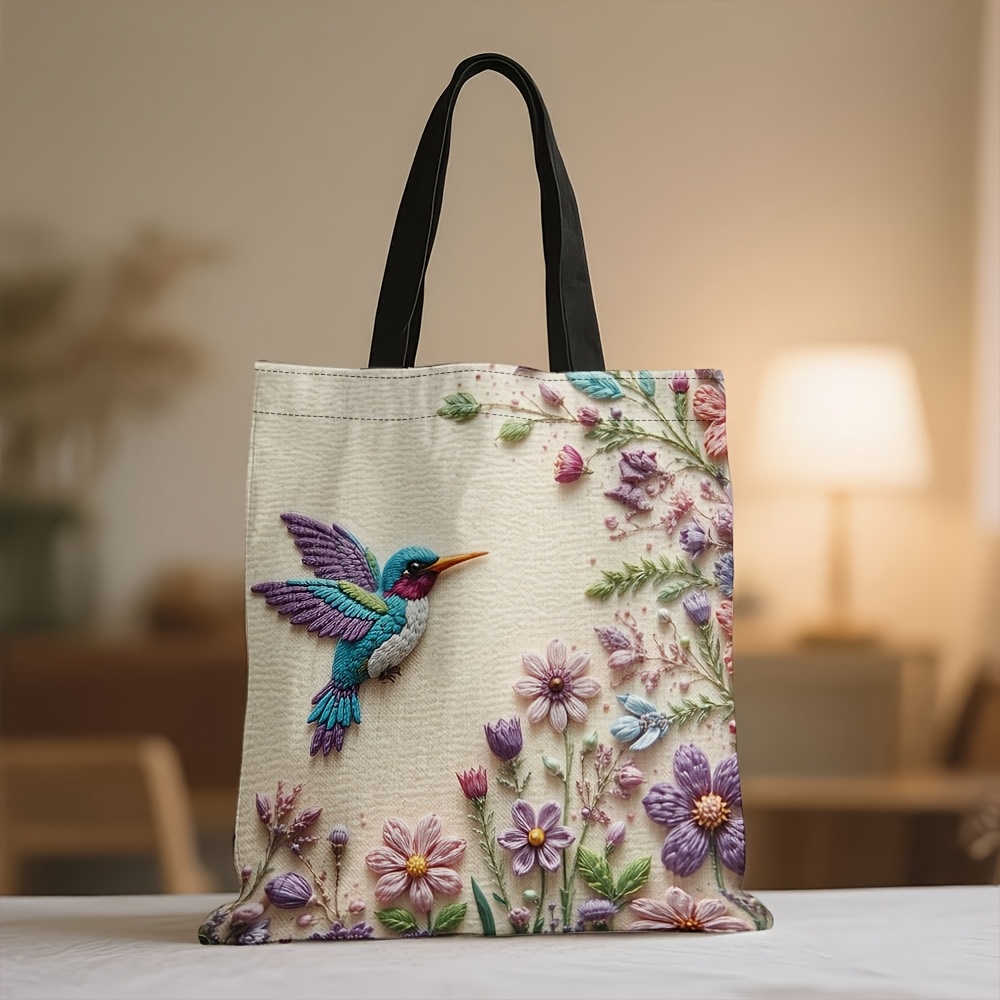 TEMU 1pc Handbag, Shoulder Bag 1pc, Large Hummingbird Pattern Tote Bag For Women, Reusable Grocery Bags Ideal For Trip, Holiday And Shopping Spacious