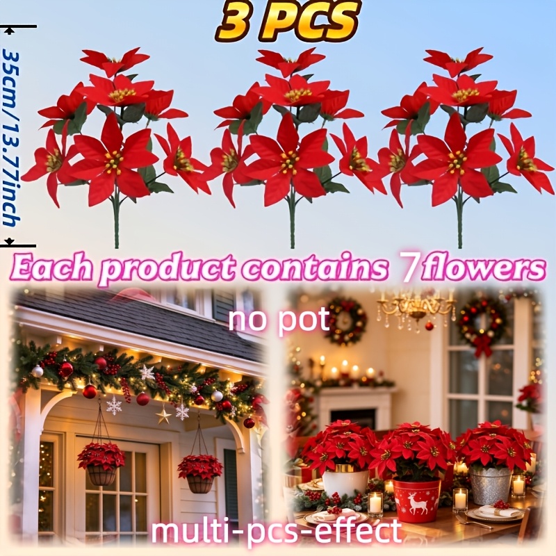 TEMU Juego de 3 piezas de 21 flores, Ramo de flores artificiales de lujo para Navidad, Flores artificiales adecuadas para la decoración del hogar