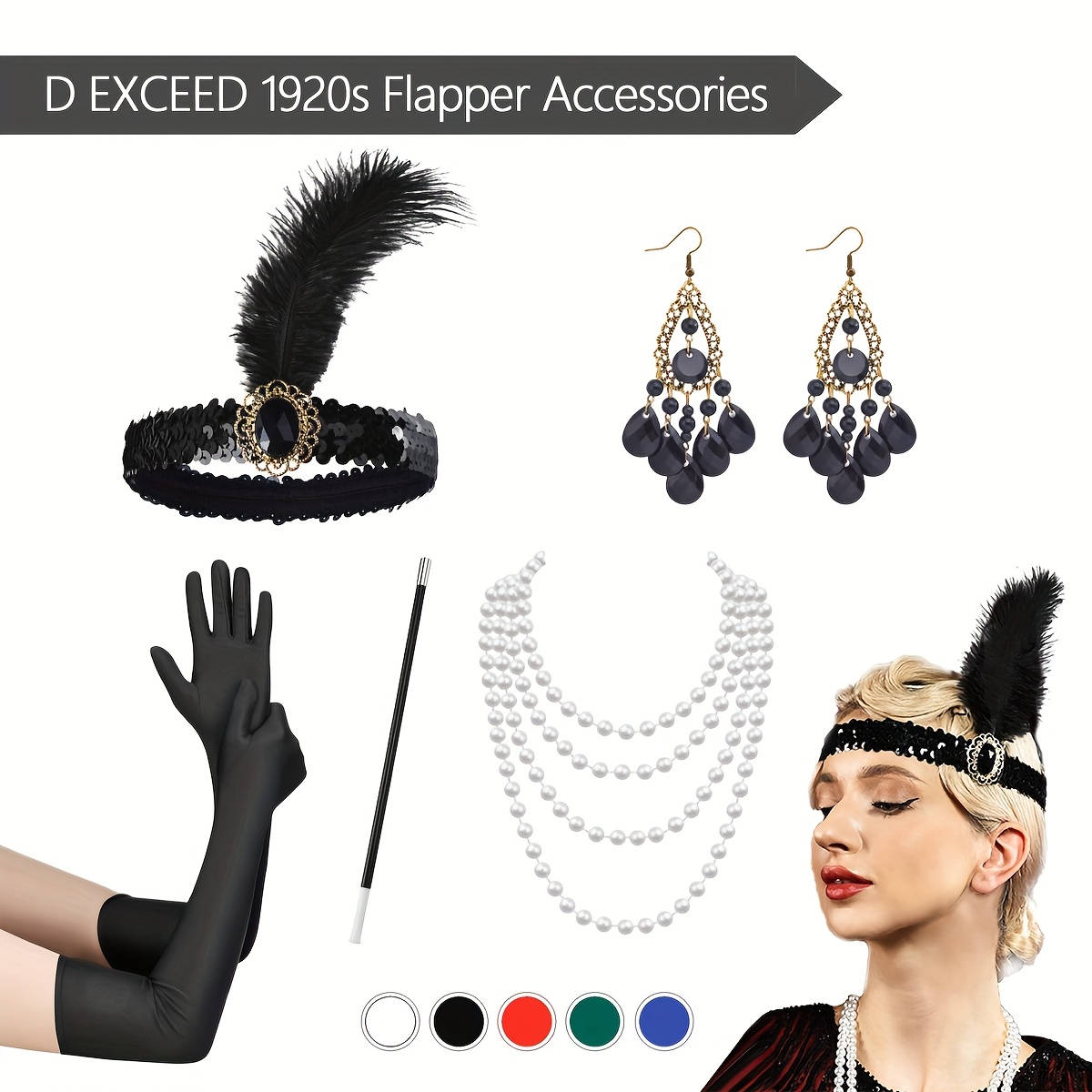 

D 5pcs Set - 1920s Accessories Necklace, Bracelet, & Gloves For Women