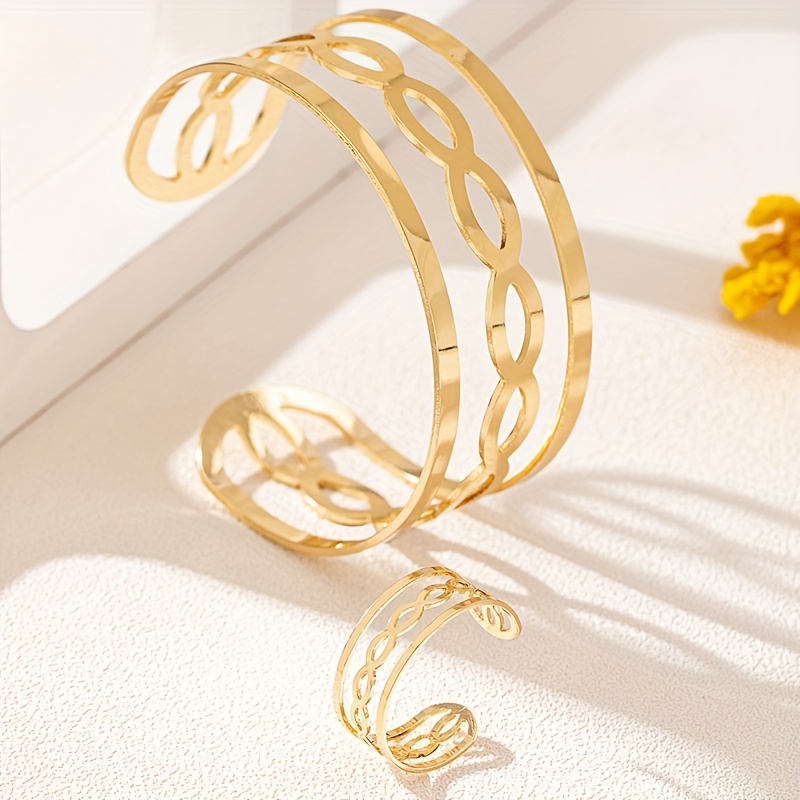2pcs Minimalist Hip-Hop Spiral Wide Band Bangle and Ring Set