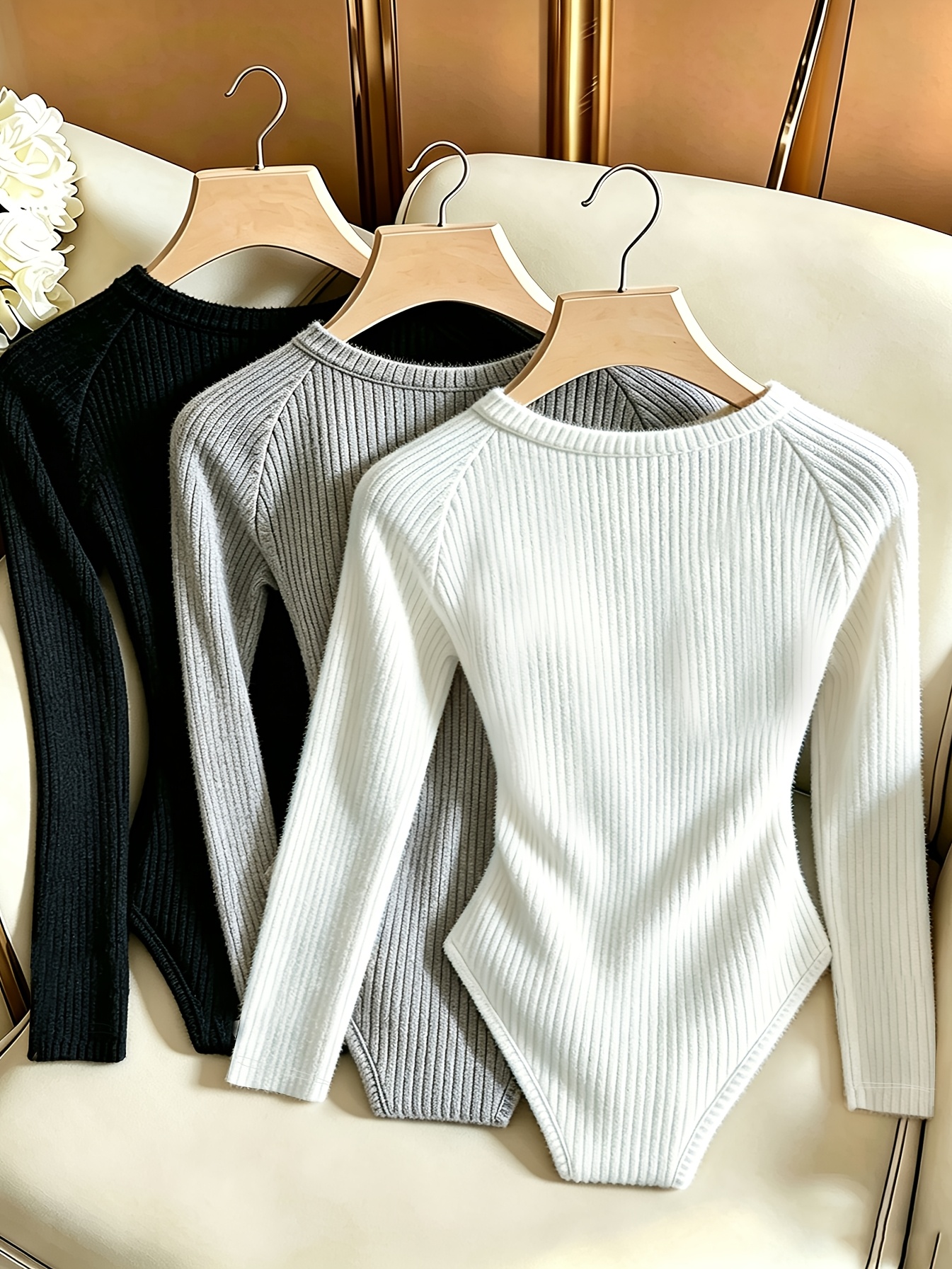 3-teiliger damen-body für herbst/winter, eleganter gerippter langarm-body mit rundhalsausschnitt, langärmeliger gerippter gebürsteter eng anliegender overall