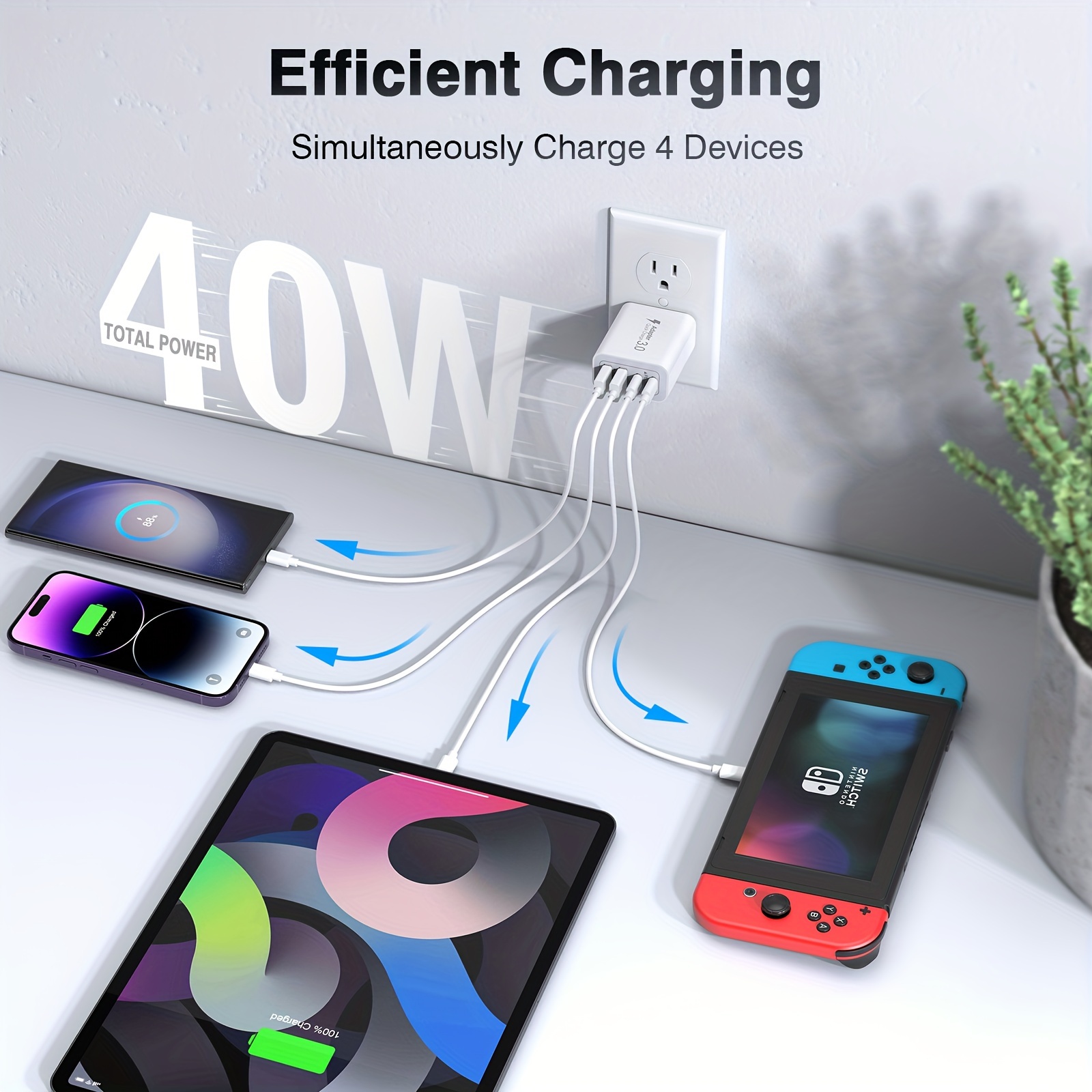3 Pack 40W Fast Charging Block, 4-Port Charger Cube Power Brick Plug Box Base Adapter for iPad/Pro/Mini, iPhone 15/14/13/12, Galaxy, Motorola, Sony, Google Pixel, Tablet