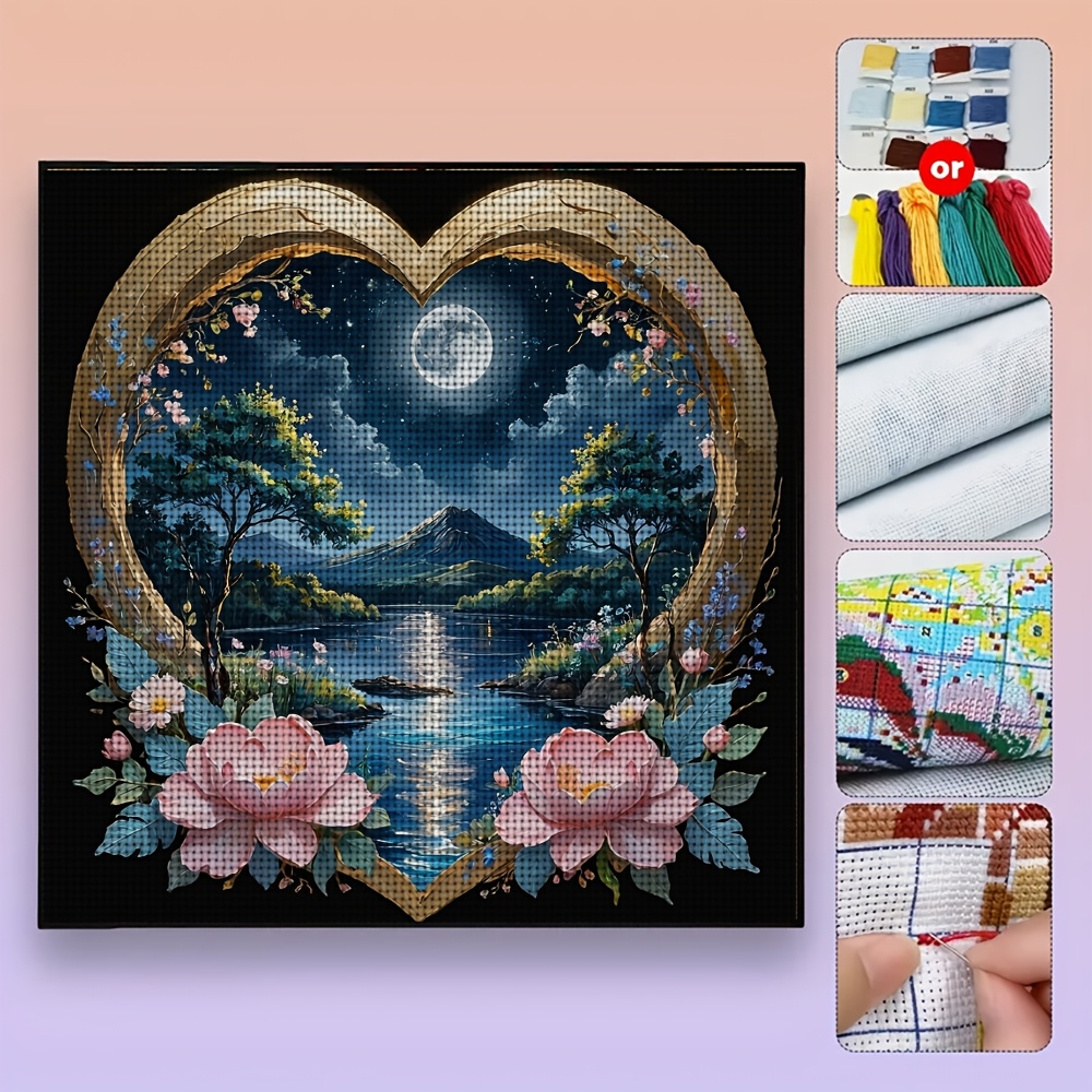 DIY Cross-Stitch Printed Kit, Frameless, Heart-Shaped Frame Moonlit Night