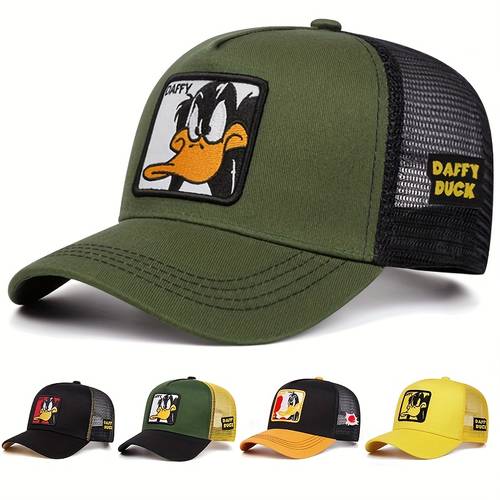 wb duck embroidered baseball cap lightweight breathable mesh back adjustable snapback closure green with yellow accents unisex outdoor sports casual streetwear hat for quality embroidery
