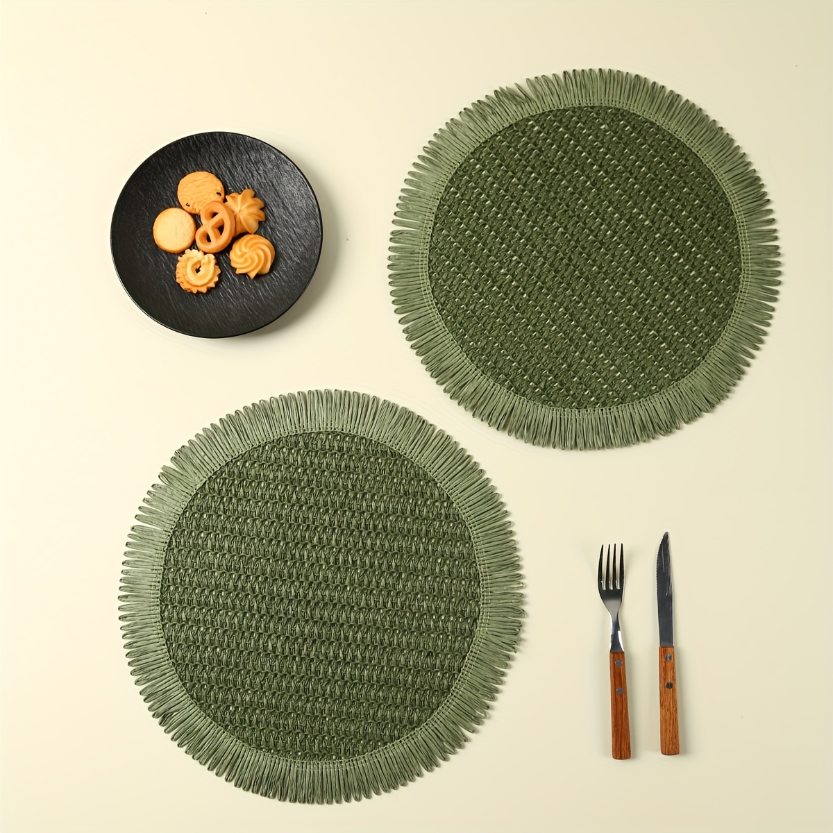 4 6pcs bohemian farmhouse round placemats with tassels green linen grid pattern table mats for weddings parties home decor tea cup protection farmhouse table mats wedding tableware rustic table setting textured tableware Product details 1