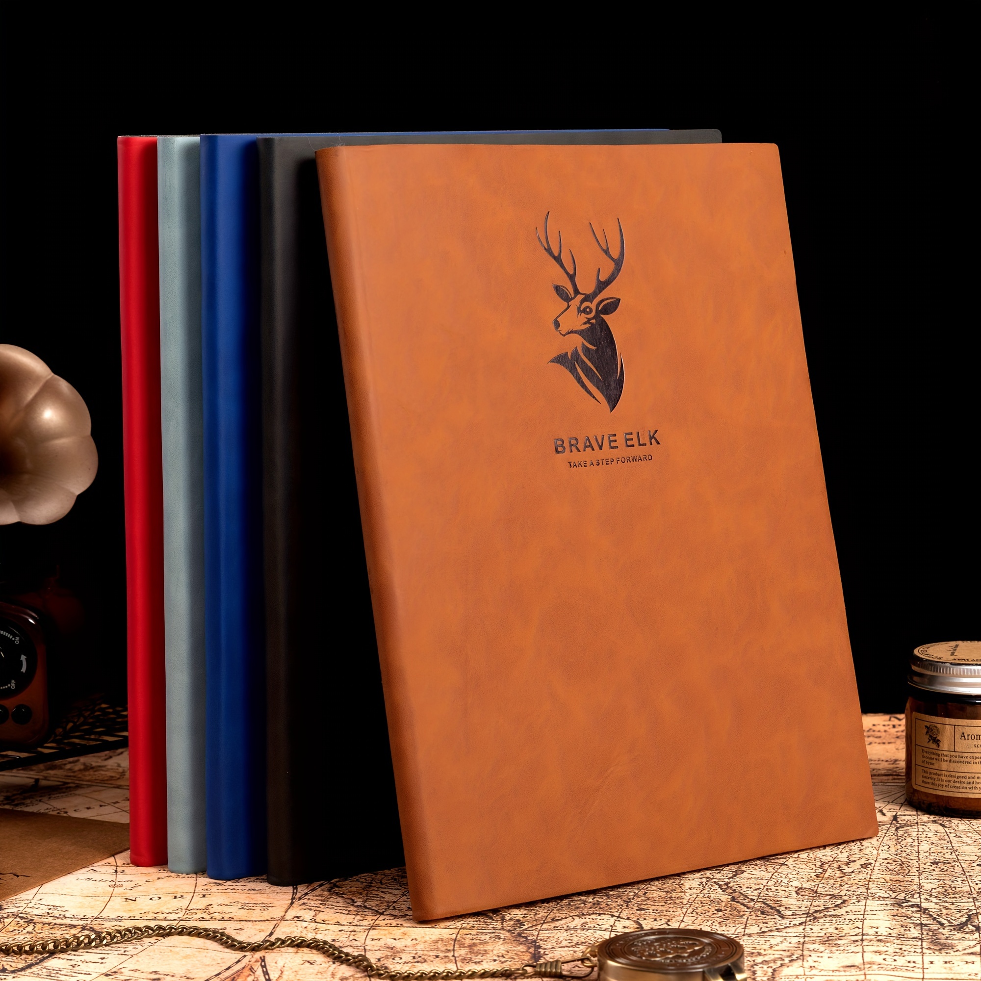 

Brave Elk A4 Leather Journal Notebook - Glossy Finish, Plain Ruling, Hardcover Leather Cover, Antler Design, Perfect For Work And Writing Pads