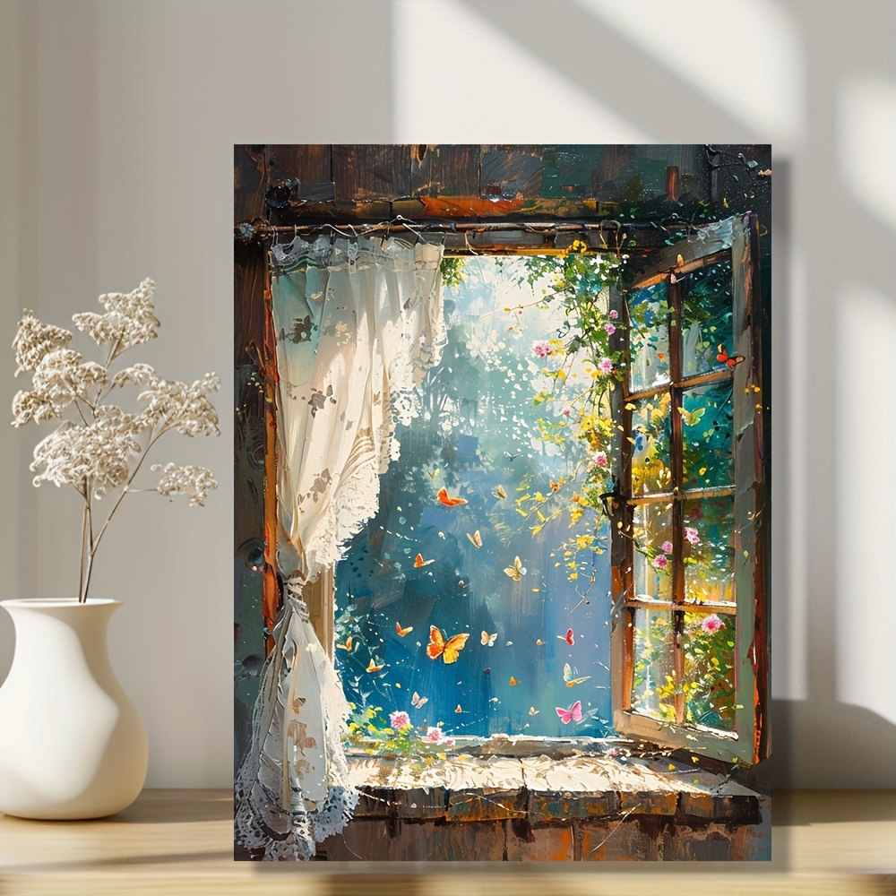 

Chic Dreamy Window With White Curtains & Colorful Butterflies - 12x16" Unframed Canvas Art For Living Room, Bedroom, Or Hallway Decor