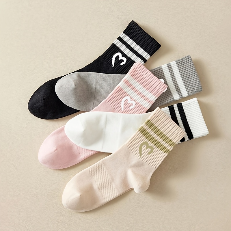 TEMU 5 Pairs Women's Elegant Heart & Stripe Mid-calf Socks - Moisture-wicking Breathable Ribbed Cuff Casual Athletic Socks For Daily Wear, Sports,