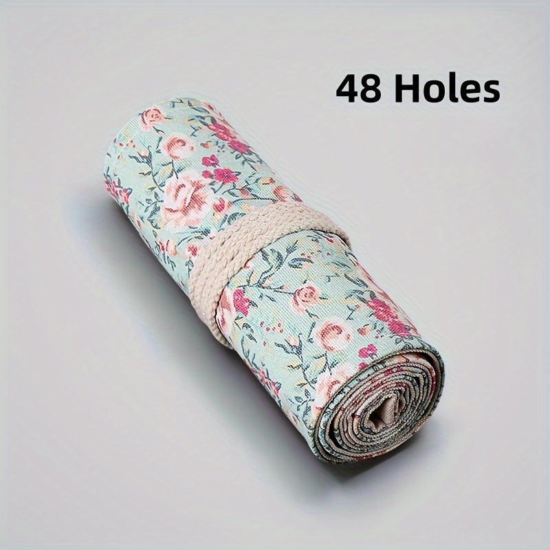 TEMU Étui à stylos roulant en toile artisanale à 12/24/36/48 trous avec imprimé rose créatif, grande , pour crayons de couleur, trousse de dessin,