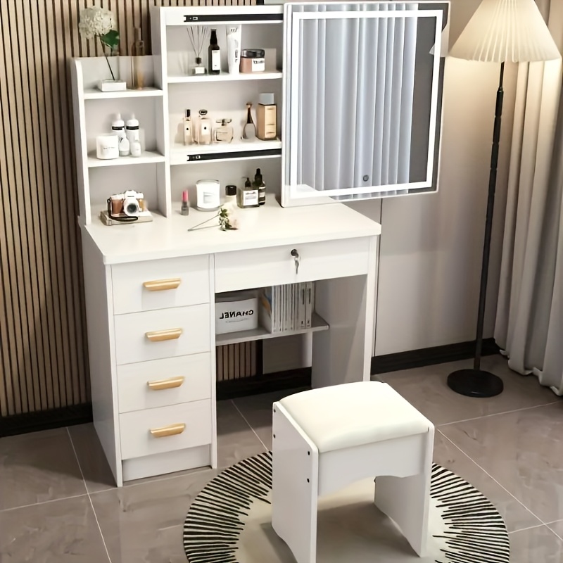 TEMU Vanity Desk With Slidding Mirror, Makeup Vanity Set, 5 Drawers Large Capacity, Open Shelves, Dressing Table With Stool For Bedroom, White