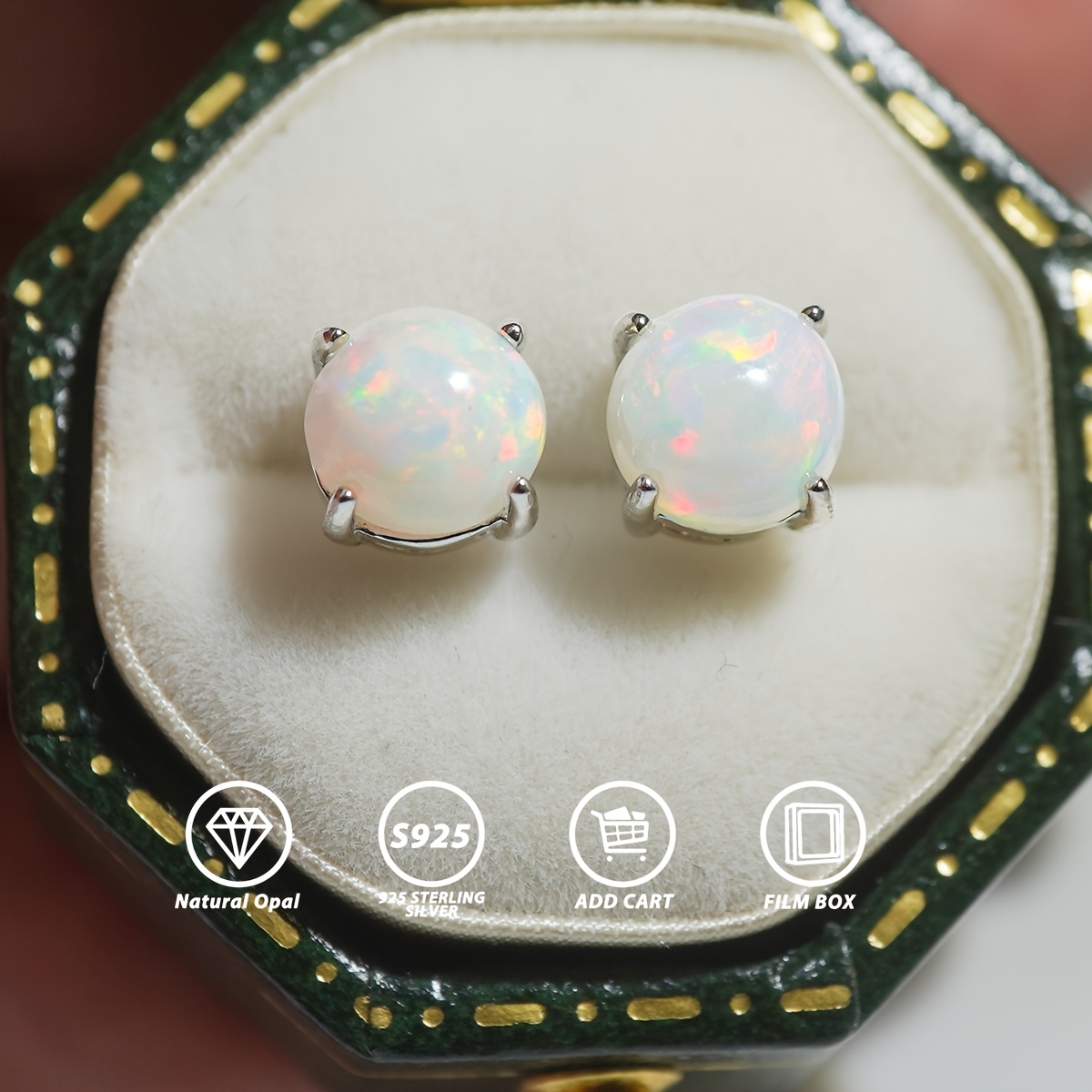Natural Opal S925 Silver Earrings, 4 Prong Setting With 6mm Natural Opal, October Birthstone, White And Translucent Genuine Gemstones, Perfect Everyday Accessory
