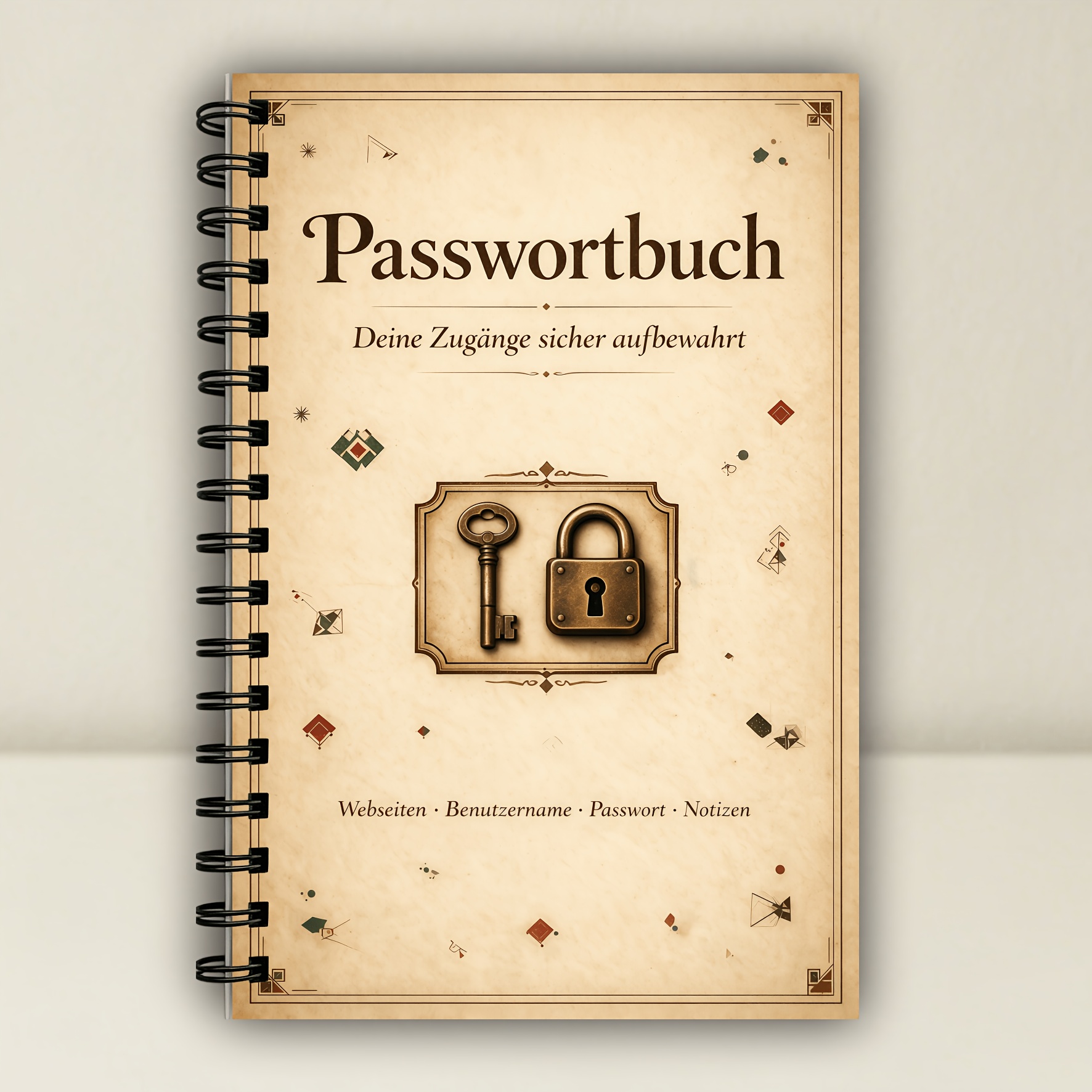 Image of German Version Website Key Registration Book, Vintage Parchment Password Record Book, Coil Portable Account Password Book, European Retro Lock Key Privacy Memo, Home Office Login Information Organizer